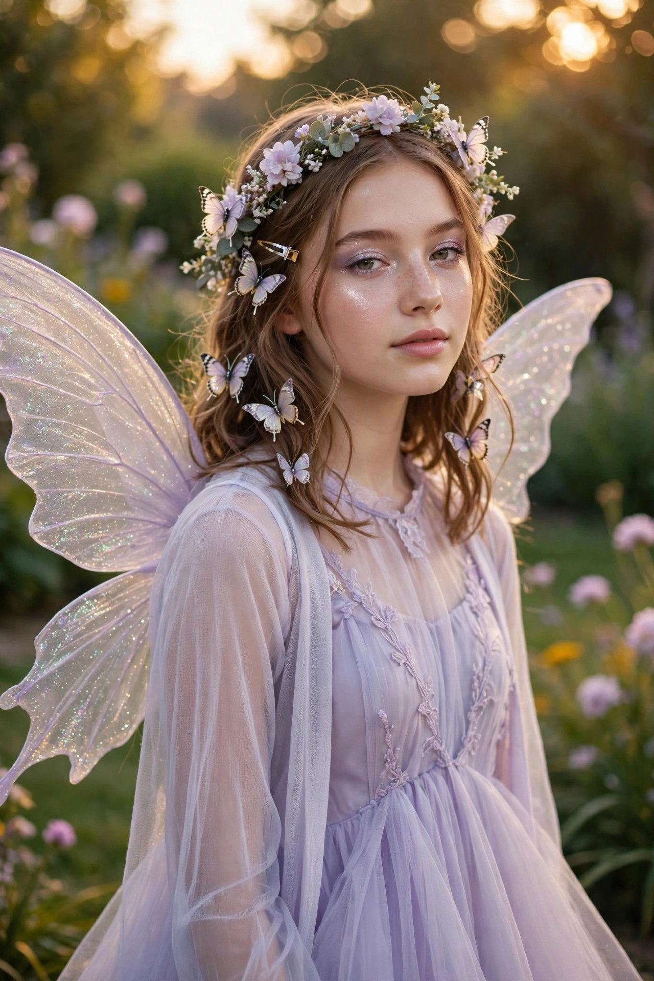 Ethereal fairy Halloween costume for teen girls with pastel dress and flower crown