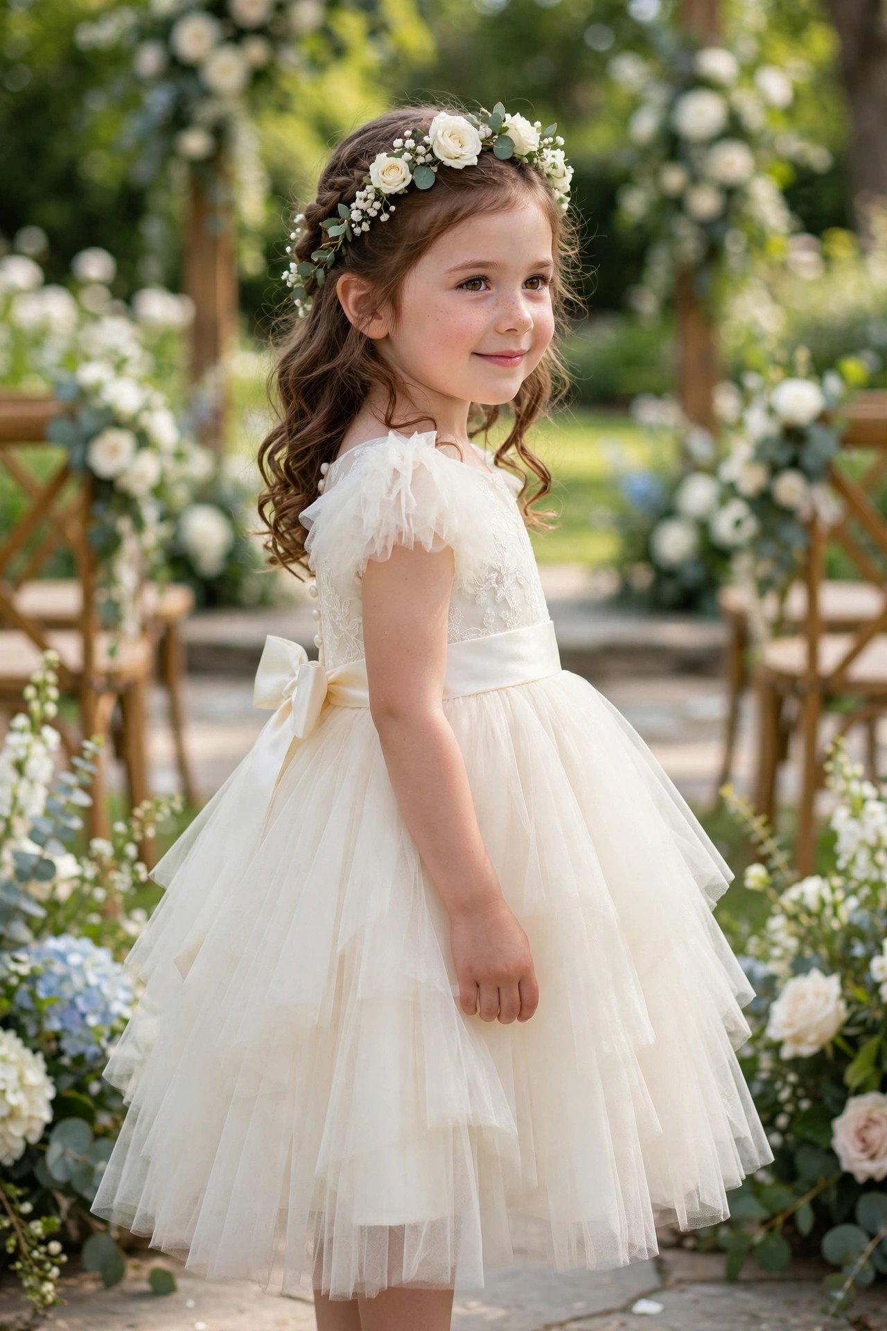 Young flower girl wearing an ivory tulle dress with satin sash tied in a bow, tea-length skirt, garden wedding