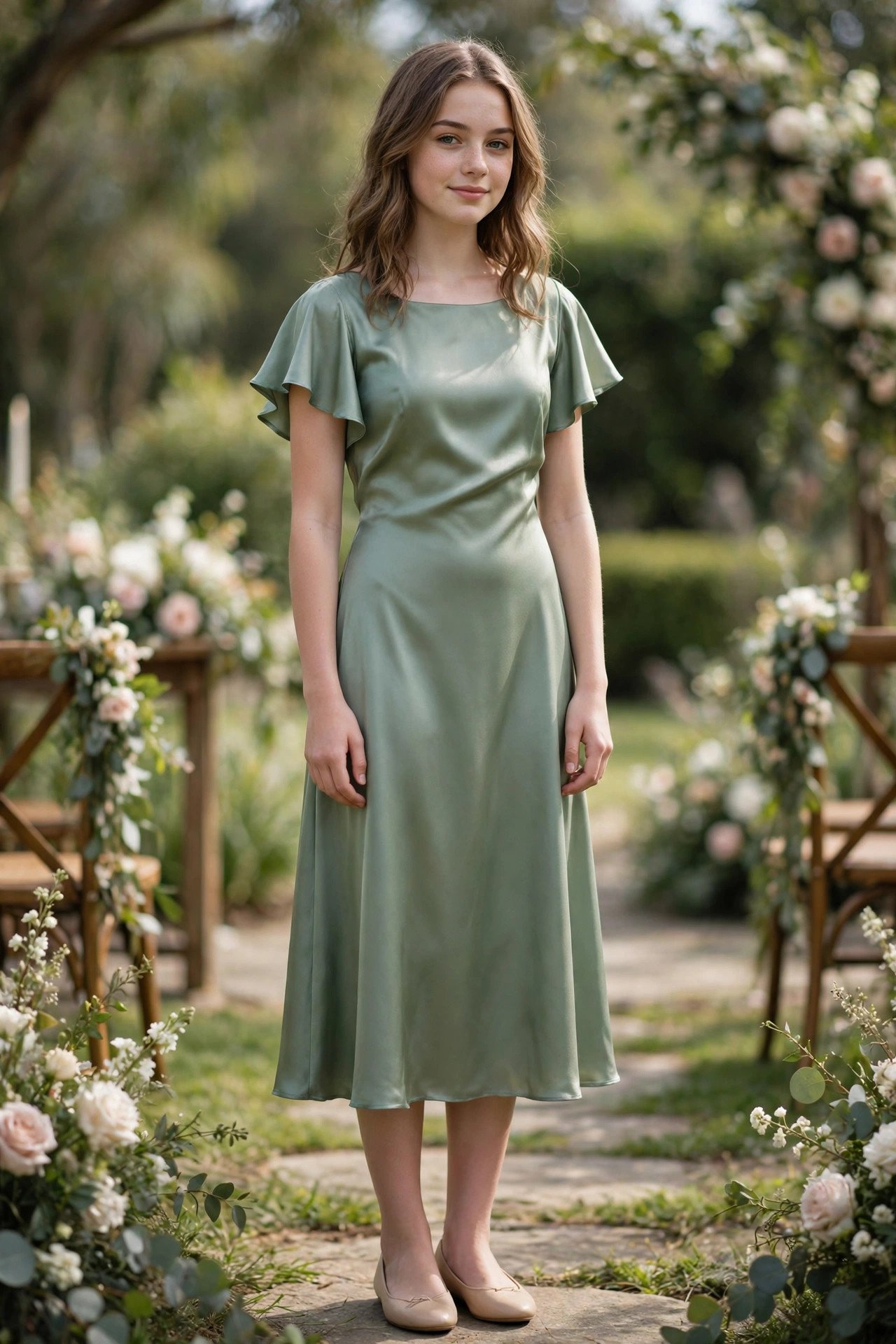 Teenage girl in a sage green satin midi dress with flutter sleeves at a garden wedding