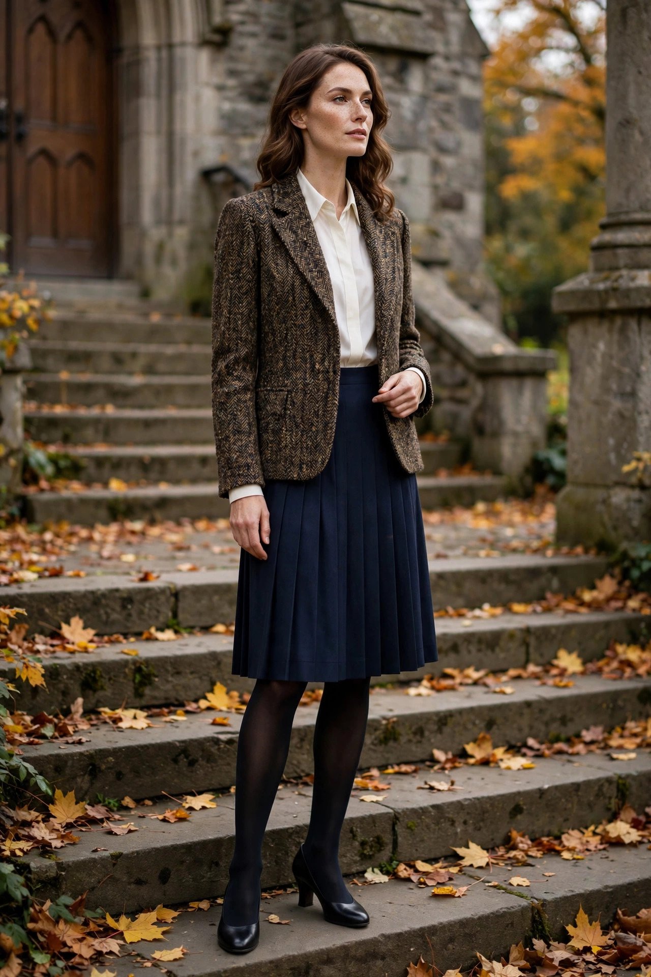 Woman in a navy knee-length pleated skirt with black tights, ivory blouse and tweed jacket