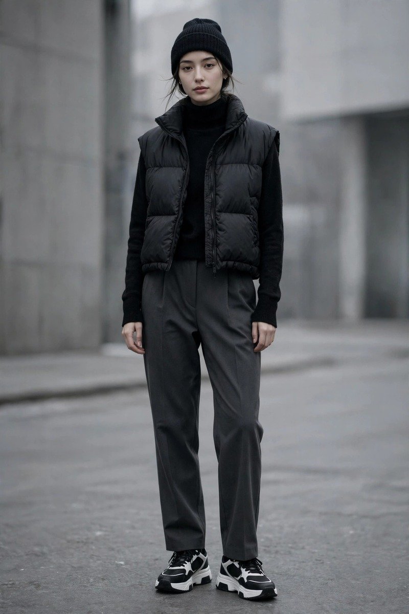 Woman in a black turtleneck with a cropped black puffer vest, charcoal straight trousers and chunky sneakers