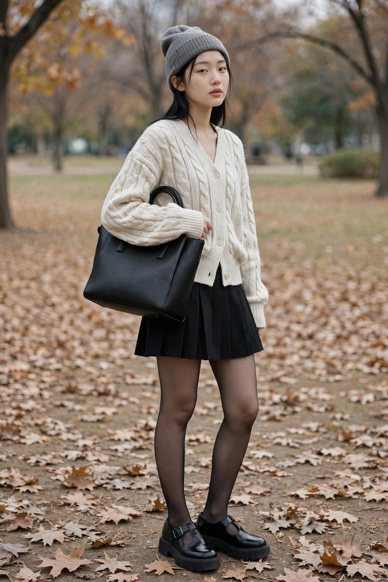 Woman in off-white cable-knit cardigan with black pleated mini skirt and beanie