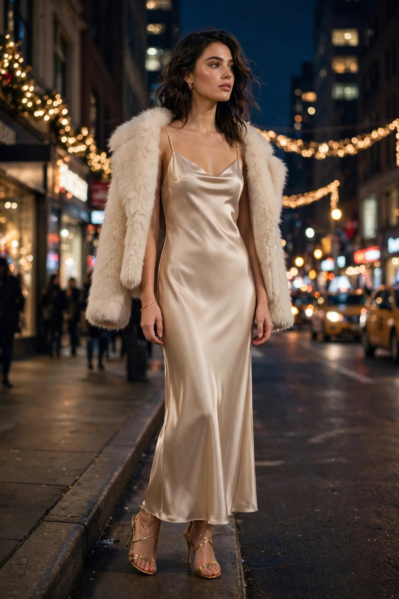 Champagne satin slip dress with cream faux fur coat, girls night out NYE look