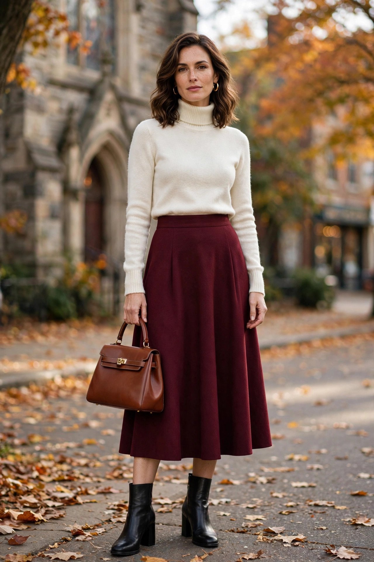Woman in a burgundy midi skirt with an ivory turtleneck and black ankle boots