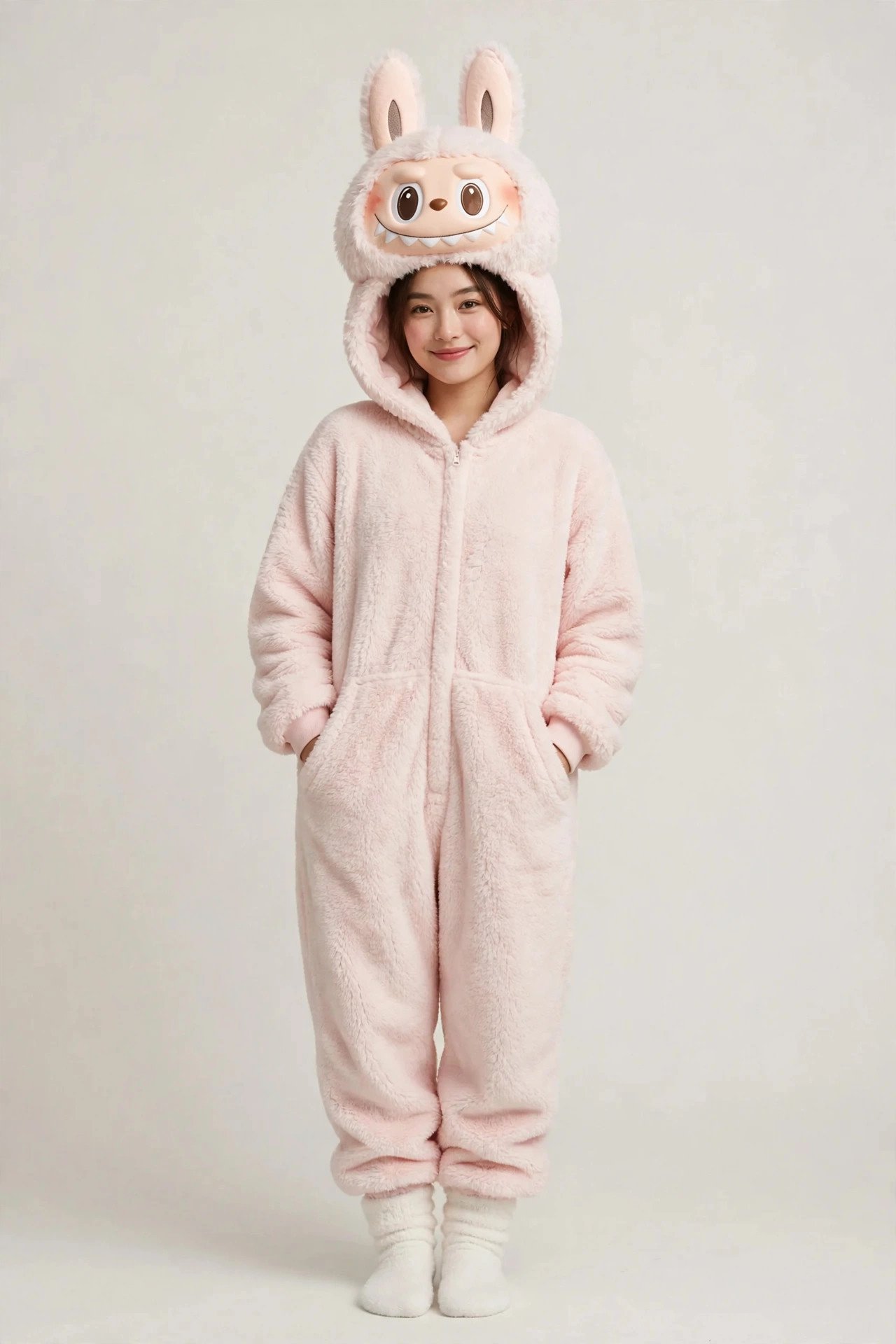 Woman in a soft pink soymilk Labubu onesie costume with fluffy bunny ears and a cute monster face