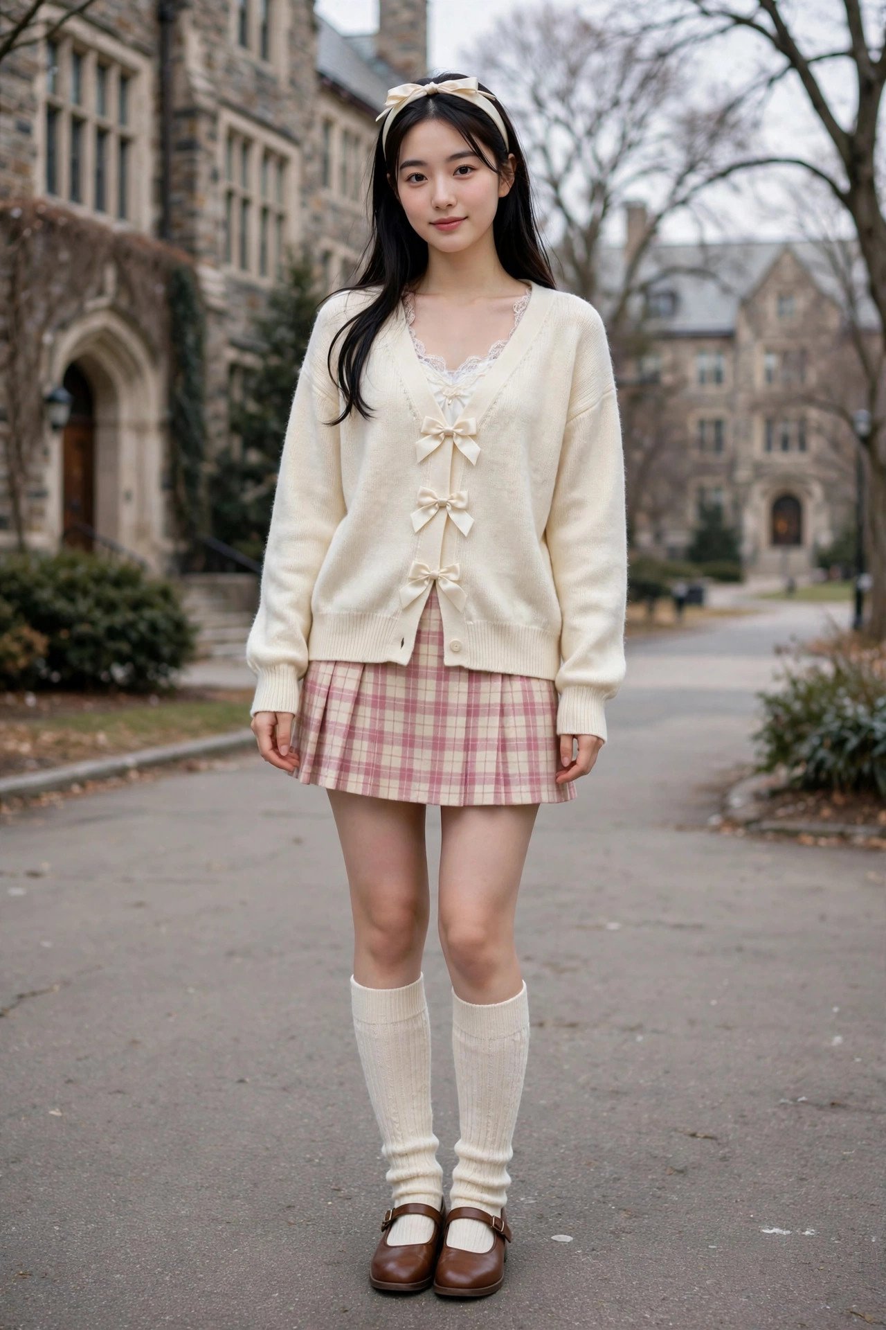 Cream bow-closure cardigan over a lace cami with a pink plaid mini skirt and knee socks