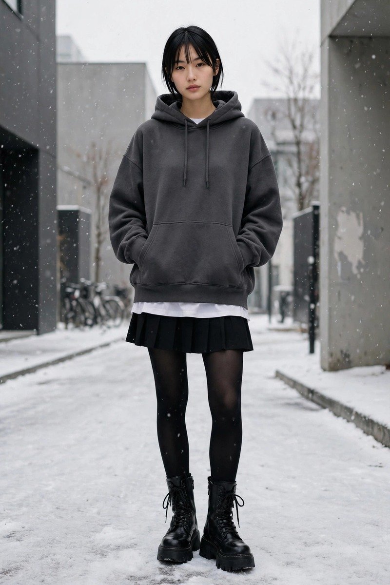 Woman wearing a white long-sleeve under an oversized charcoal hoodie with a black pleated mini skirt, tights and lace-up boots