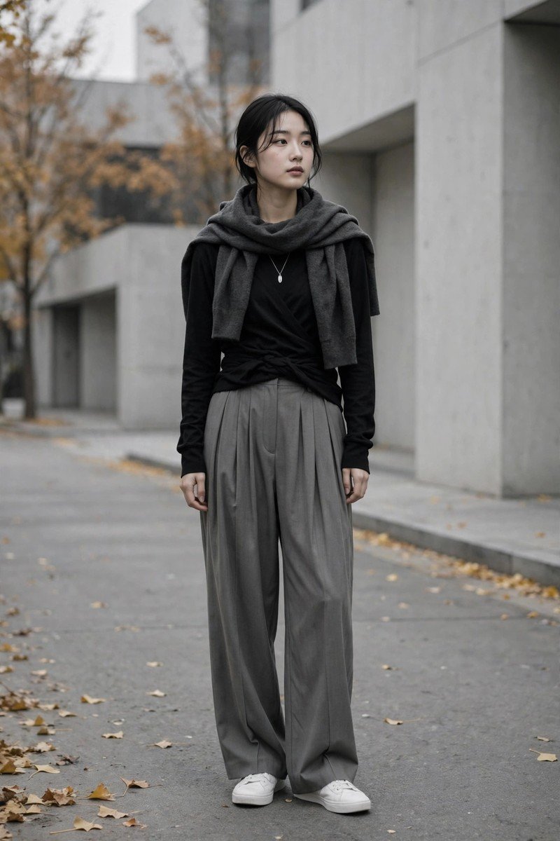 Woman in black long-sleeve wrap top with wide-leg grey trousers and scarf