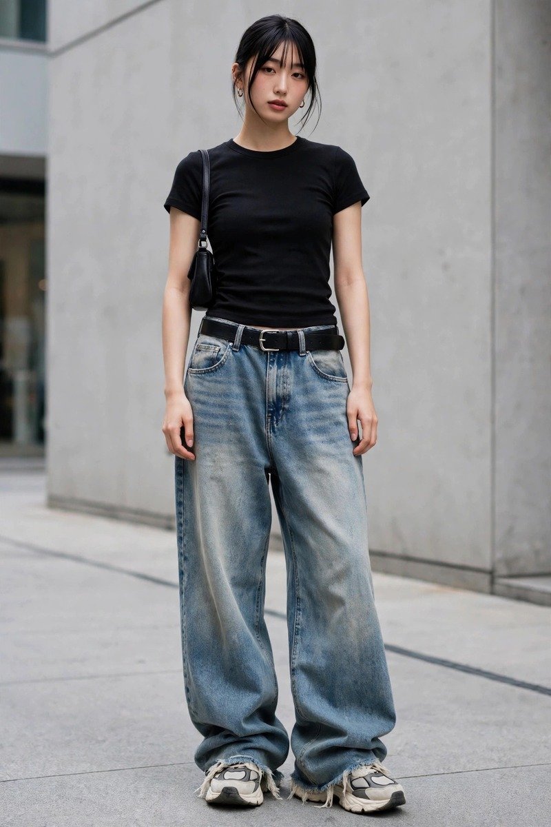 Baggy faded blue jeans with a fitted black baby tee, classic acubi streetwear outfit