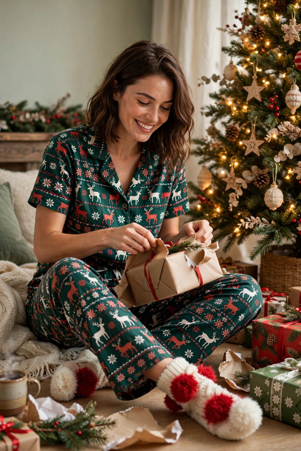 Woman in festive reindeer and snowflake print pajamas opening gifts