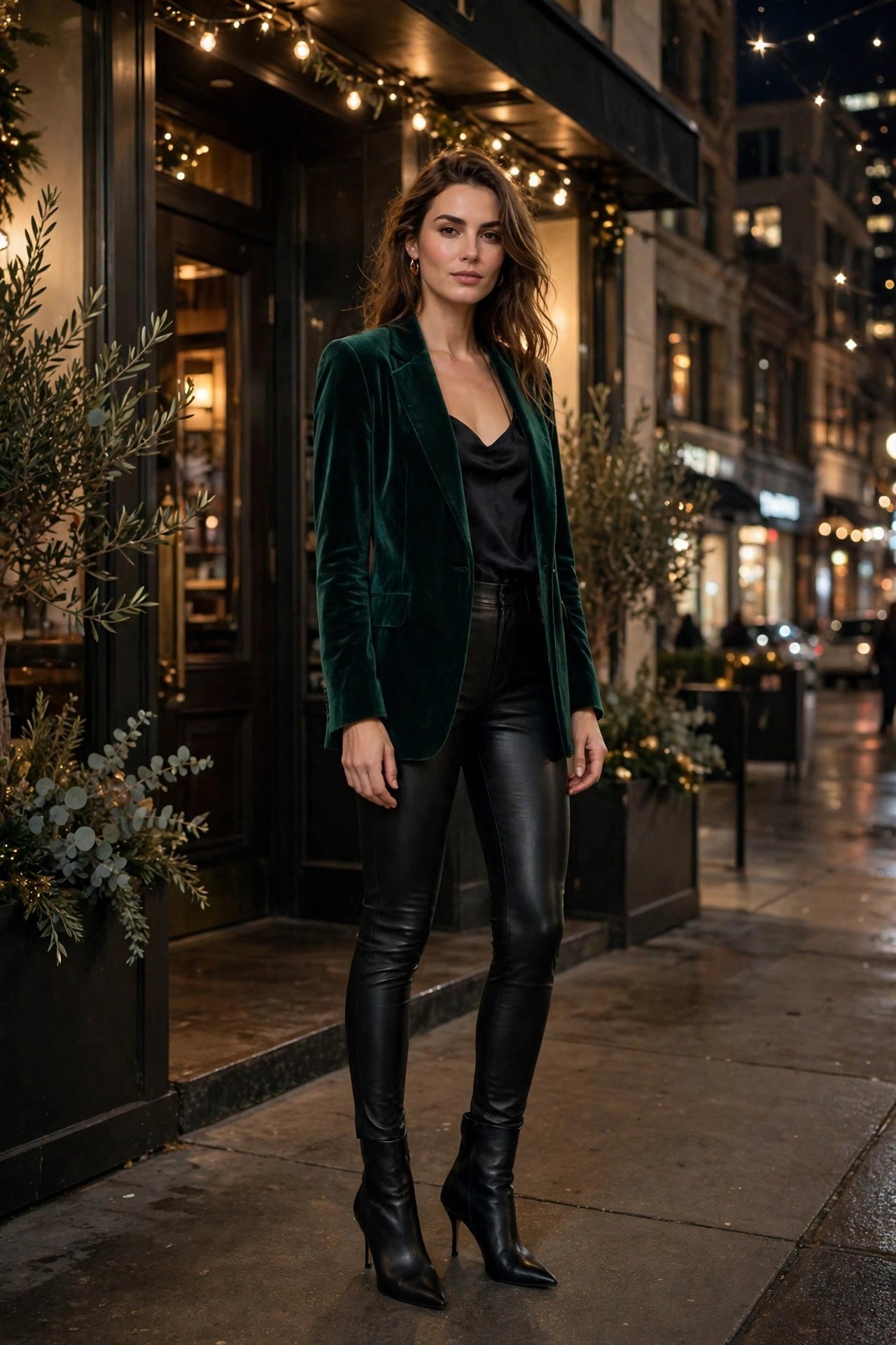 Emerald velvet blazer with faux leather leggings, NYE going-out outfit
