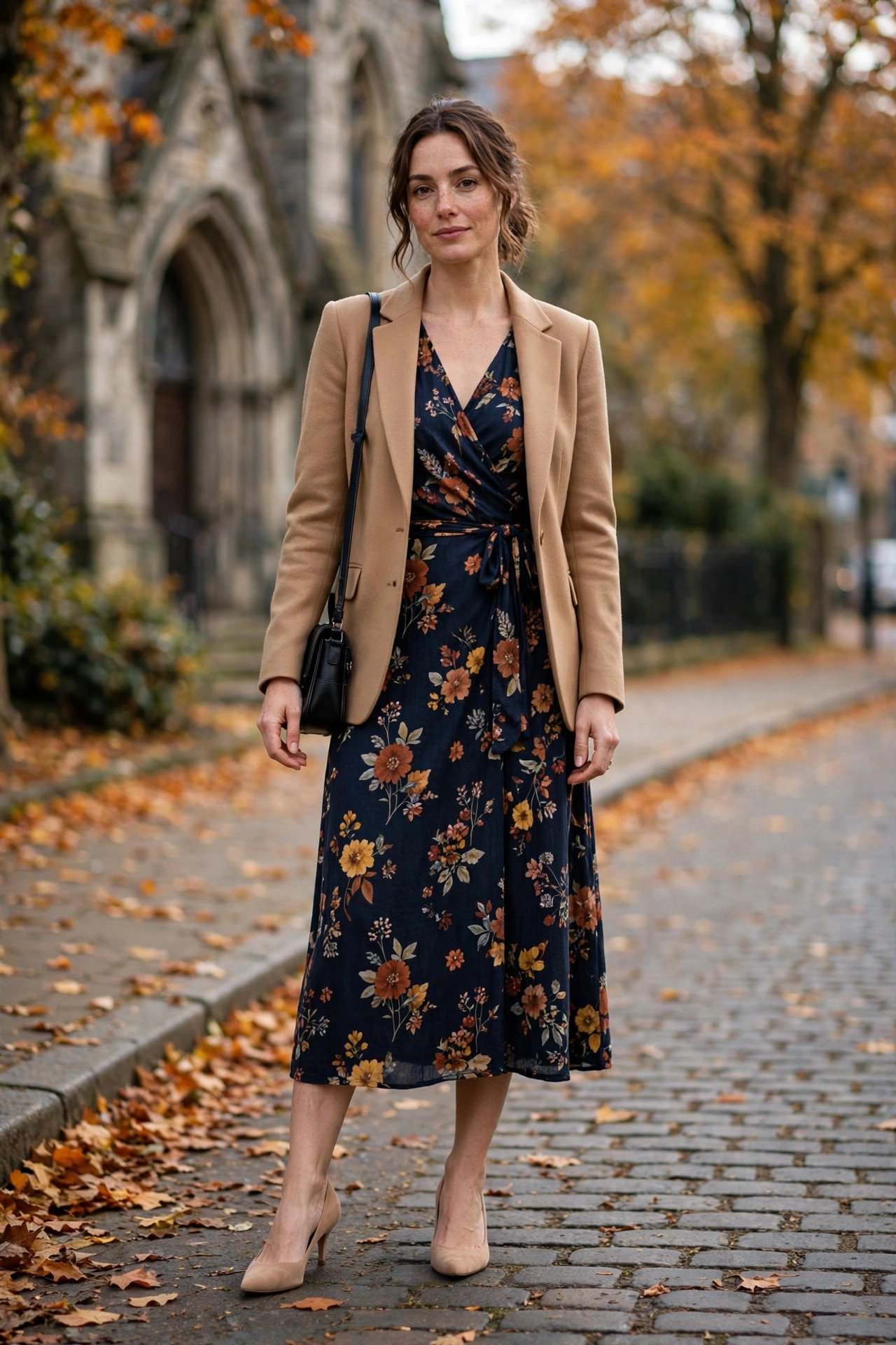 Woman wearing a dark floral midi dress with a camel blazer and nude heels