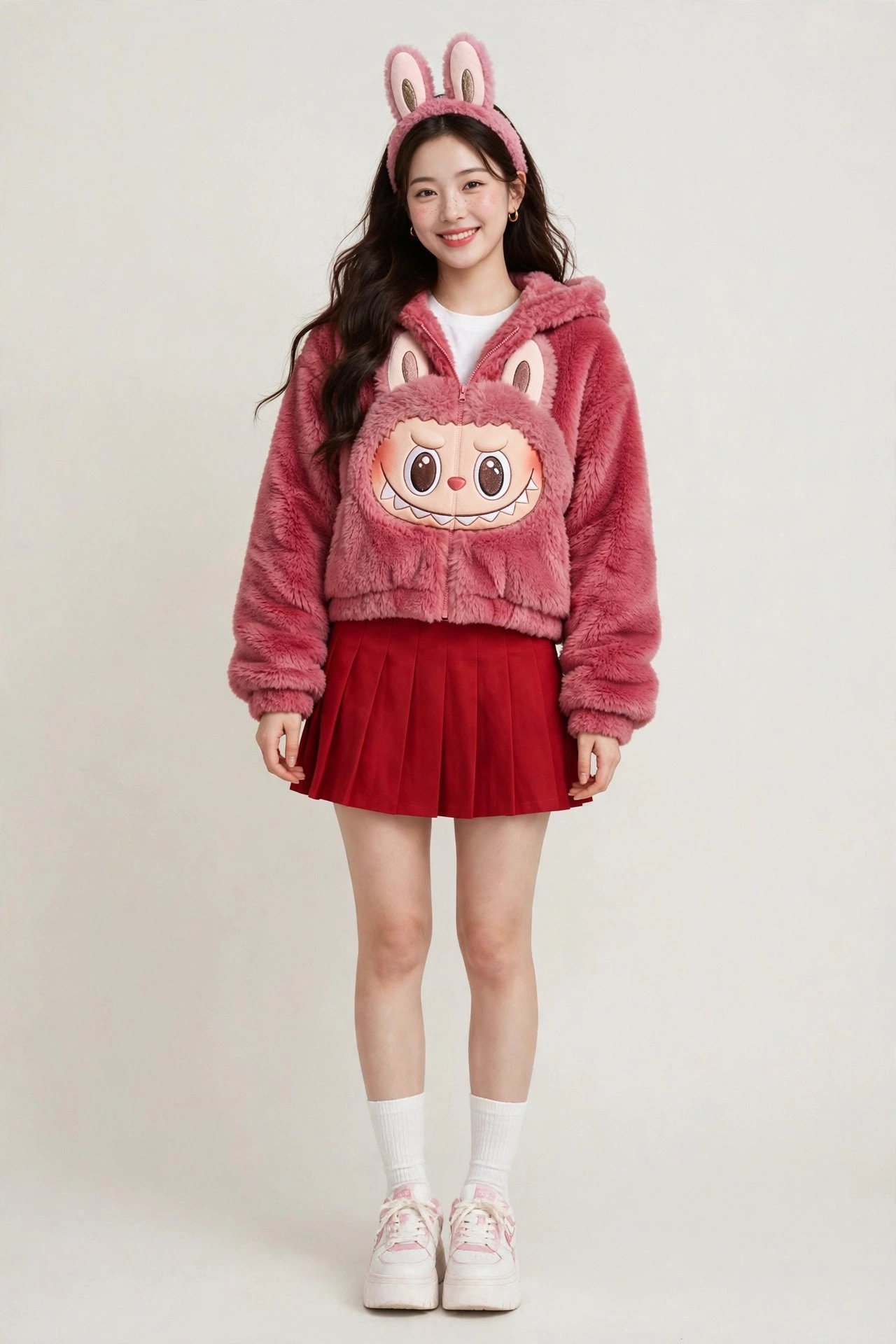 Woman dressed as a lychee berry pink-red Labubu with fluffy bunny ears, plush costume and sneakers