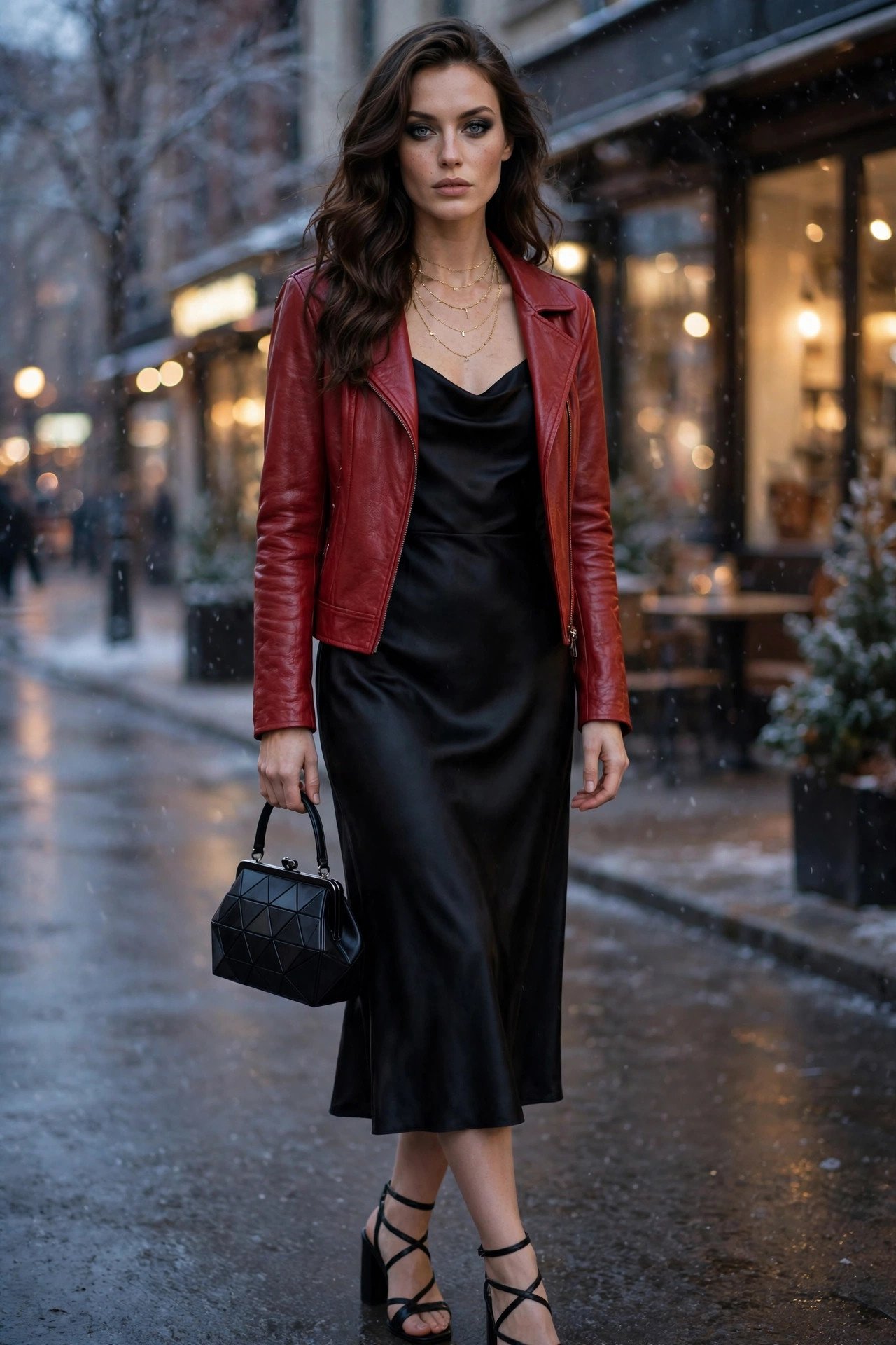 Woman in red leather jacket over a black satin slip midi dress