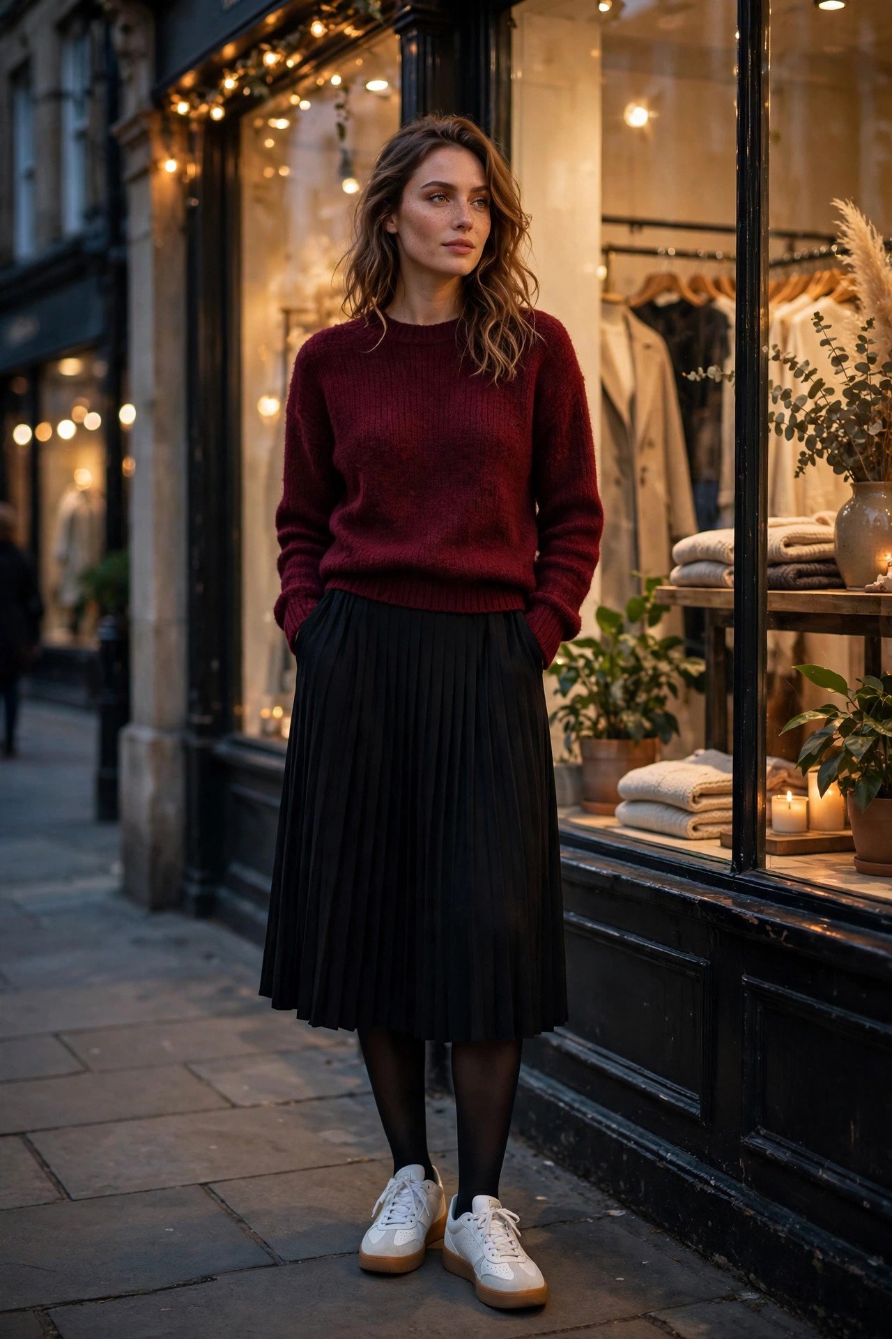 Woman in retro court sneakers, pleated black midi skirt, burgundy sweater and tights