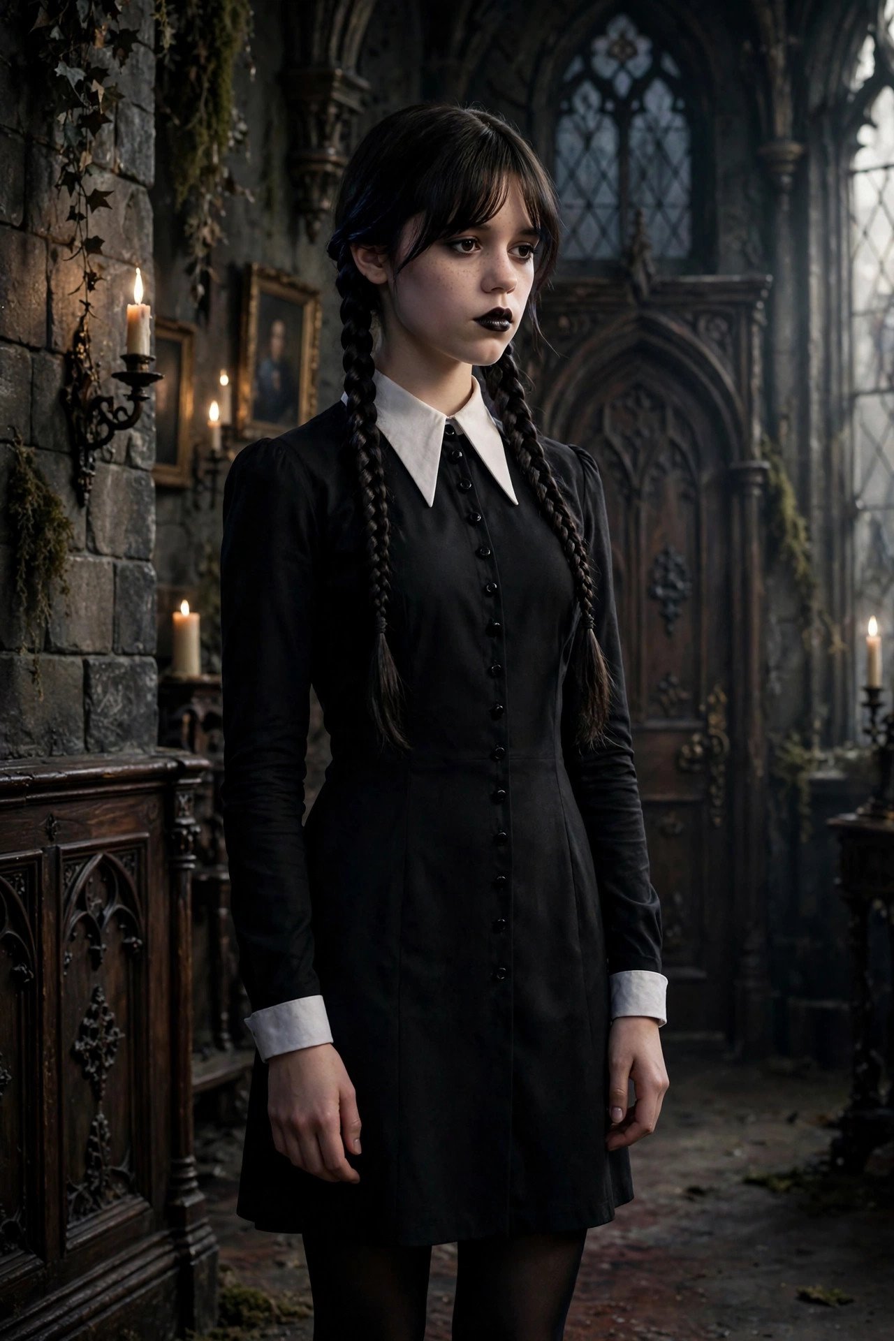 Wednesday Addams Halloween costume for teen girls with black dress and braids