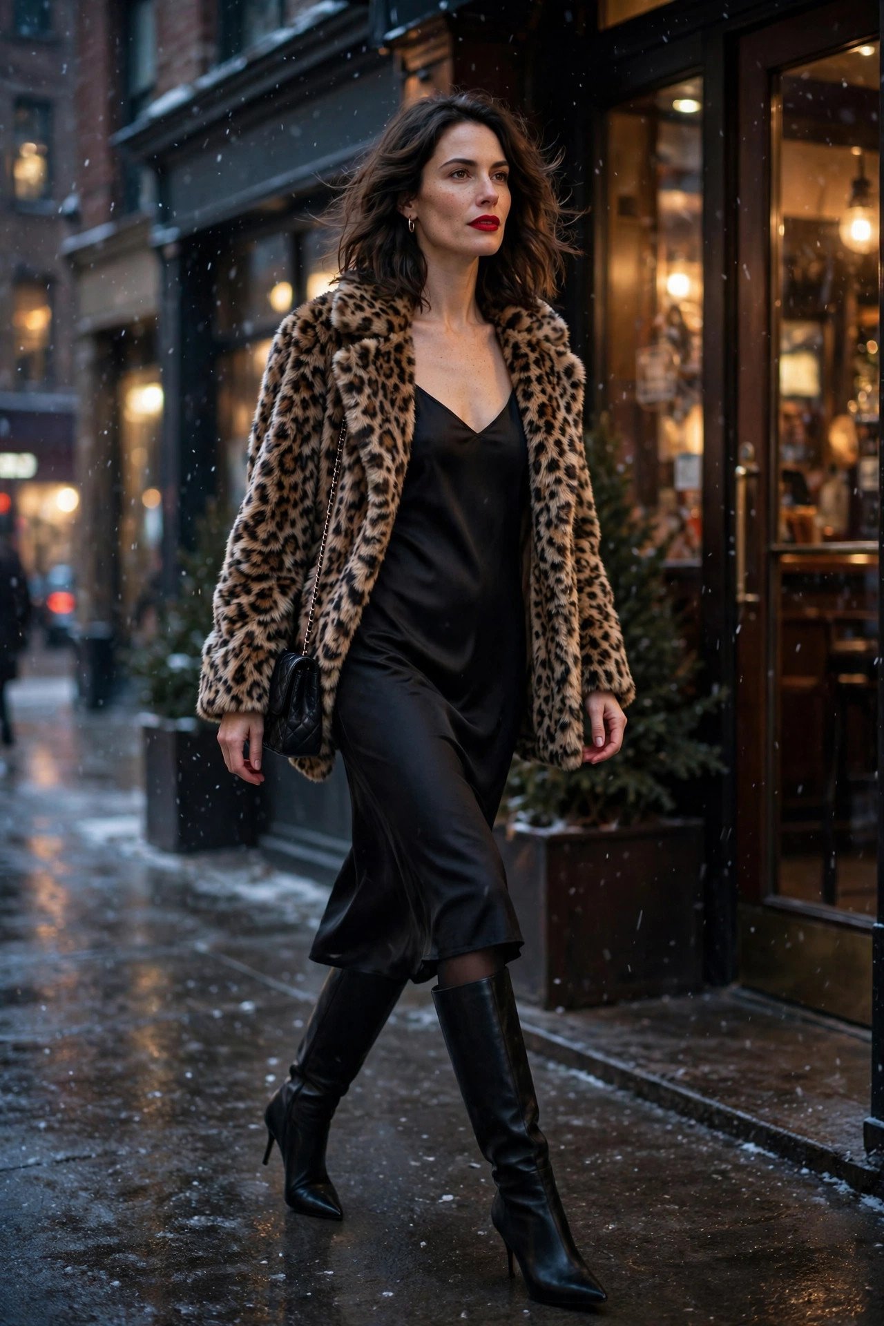 Leopard faux-fur coat worn open over a black midi slip dress with knee-high boots