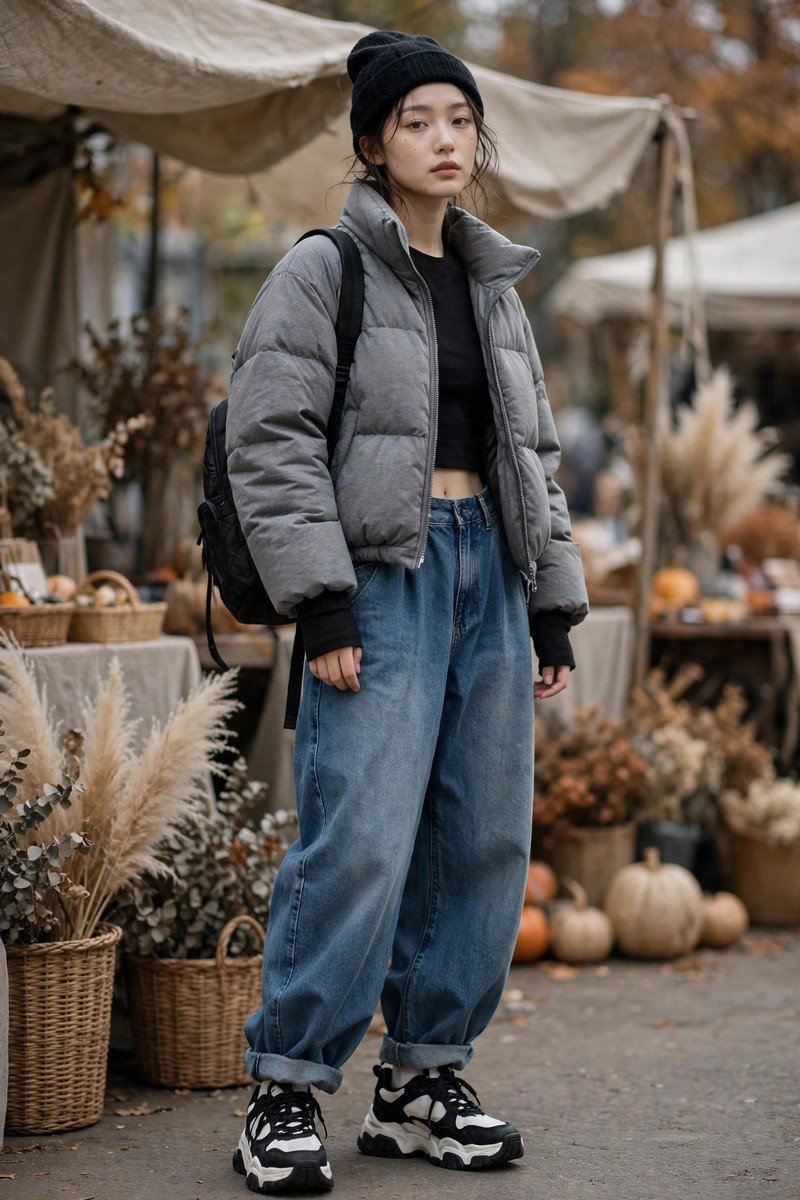 Woman in grey cropped puffer jacket with low-rise baggy jeans and beanie