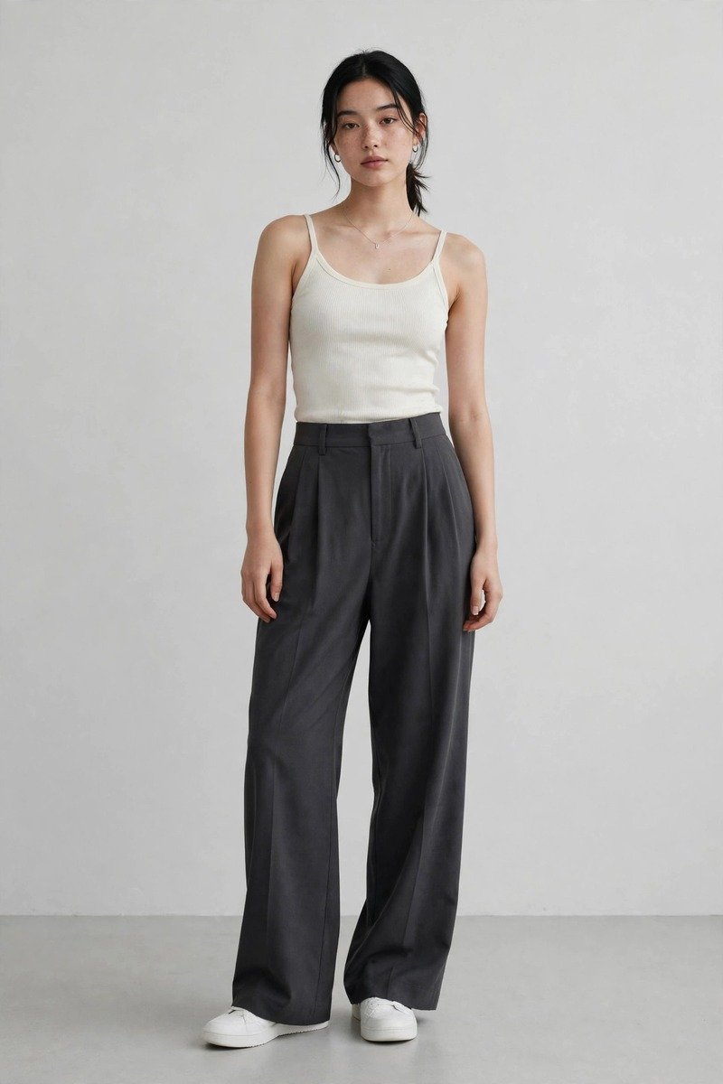 Charcoal wide-leg trousers with an off-white ribbed tank, minimal acubi streetwear look