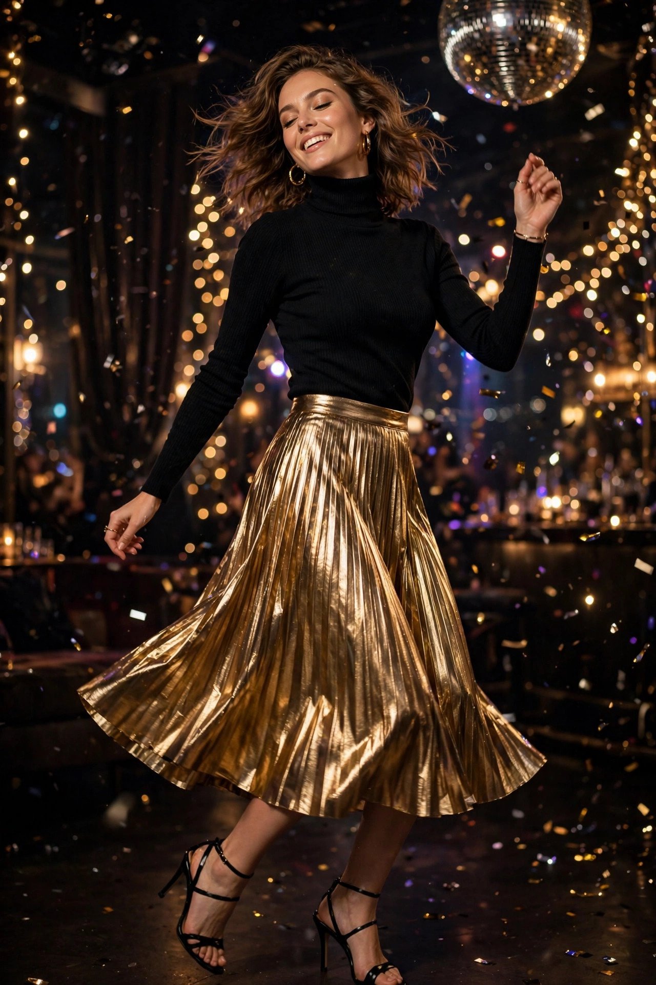 Metallic gold pleated midi skirt with black turtleneck, New Year's Eve party look