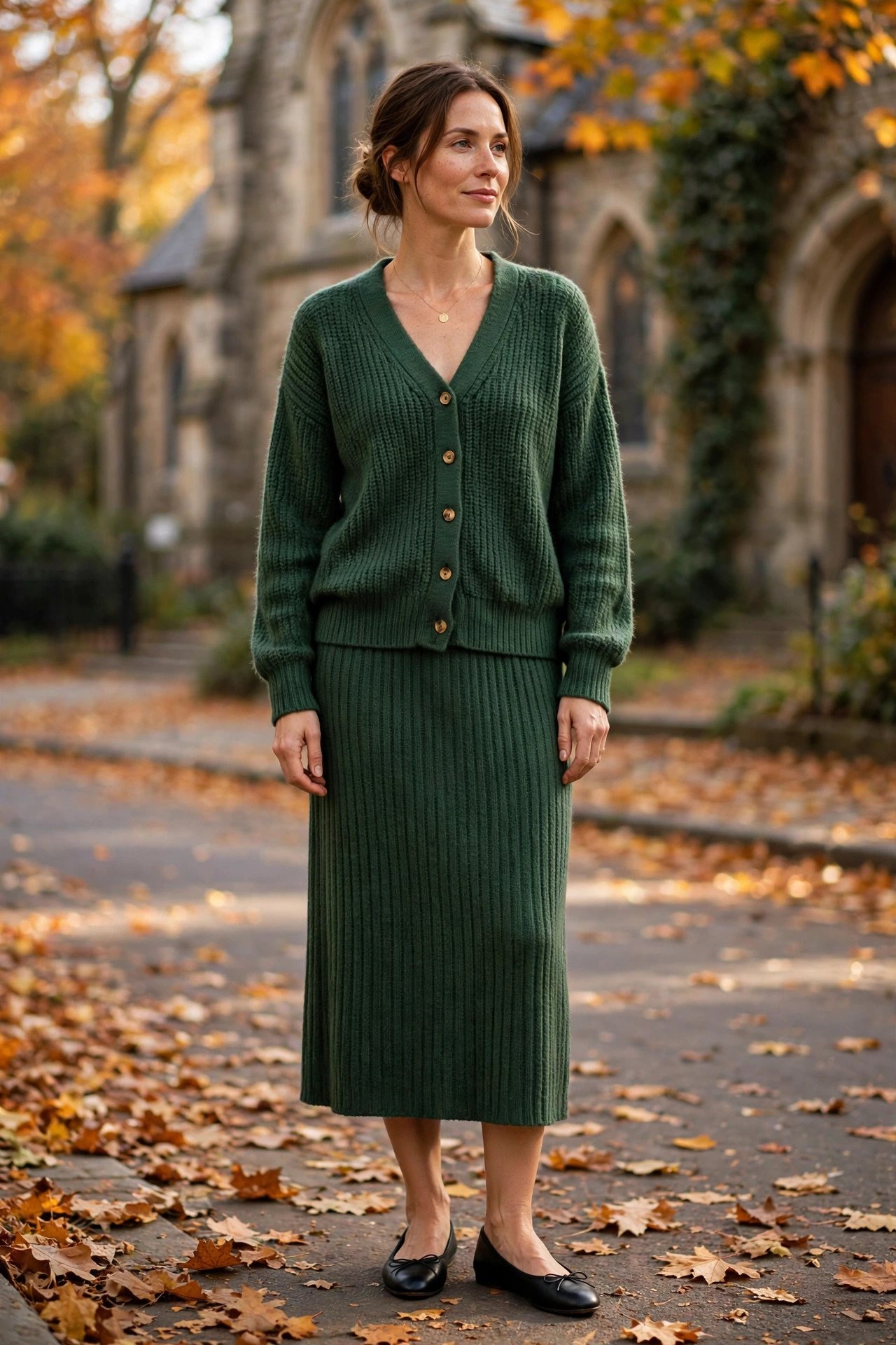 Woman in a forest green knit cardigan and midi skirt set with ballet flats