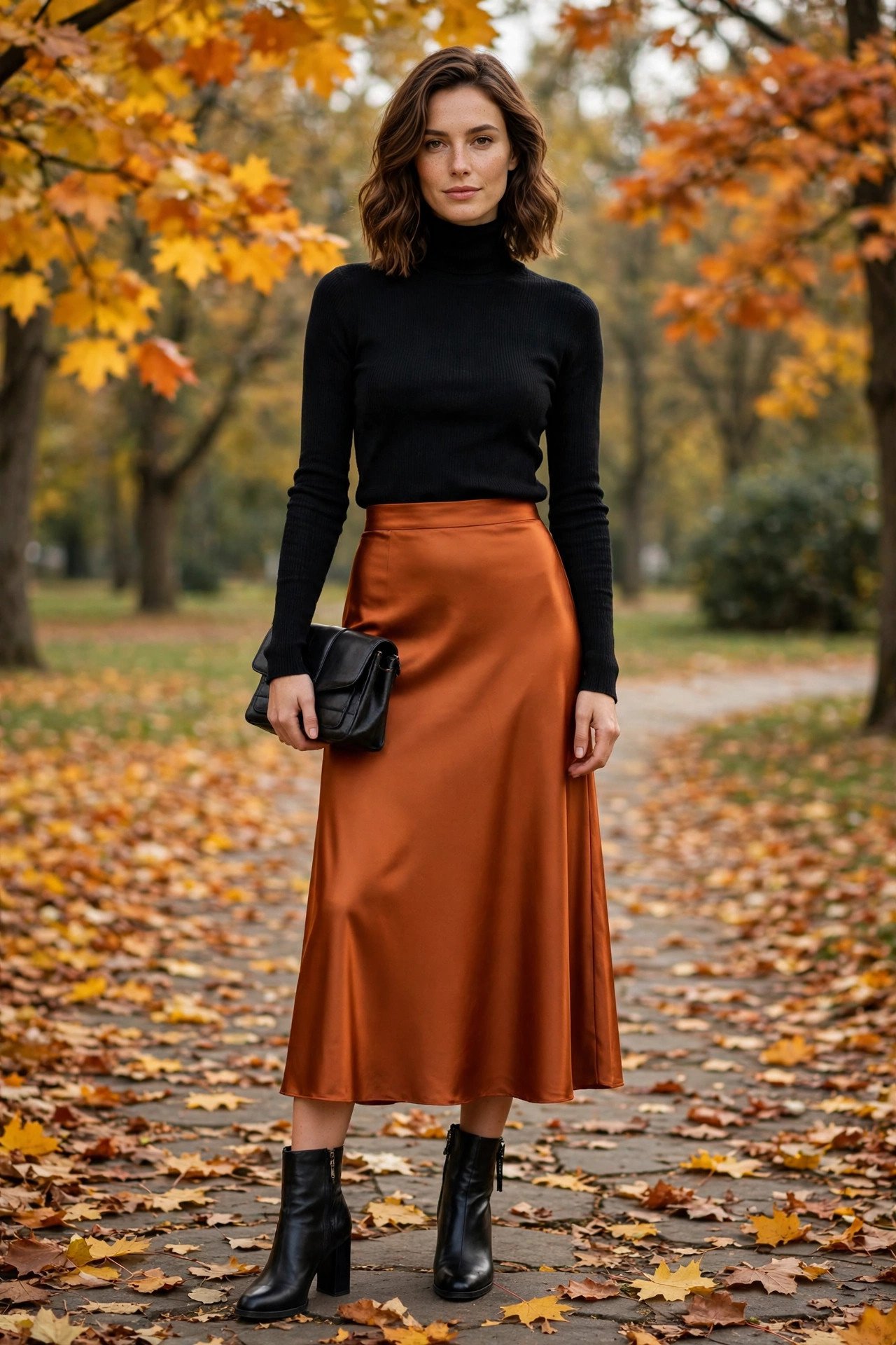 Woman in a burnt-orange satin midi skirt with a fitted black turtleneck and heeled ankle boots