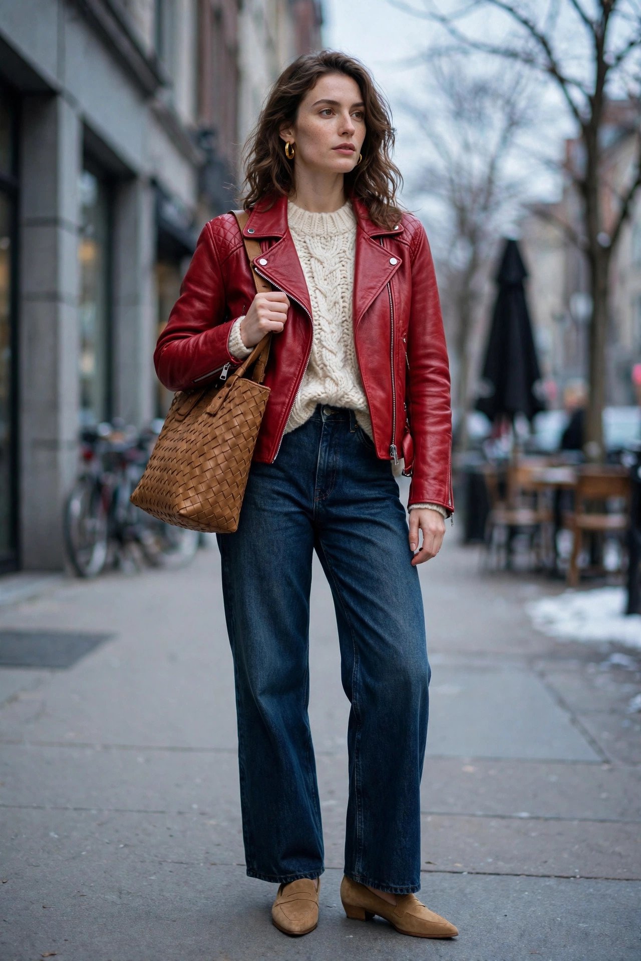 Woman in red leather jacket with cream chunky sweater and wide-leg jeans