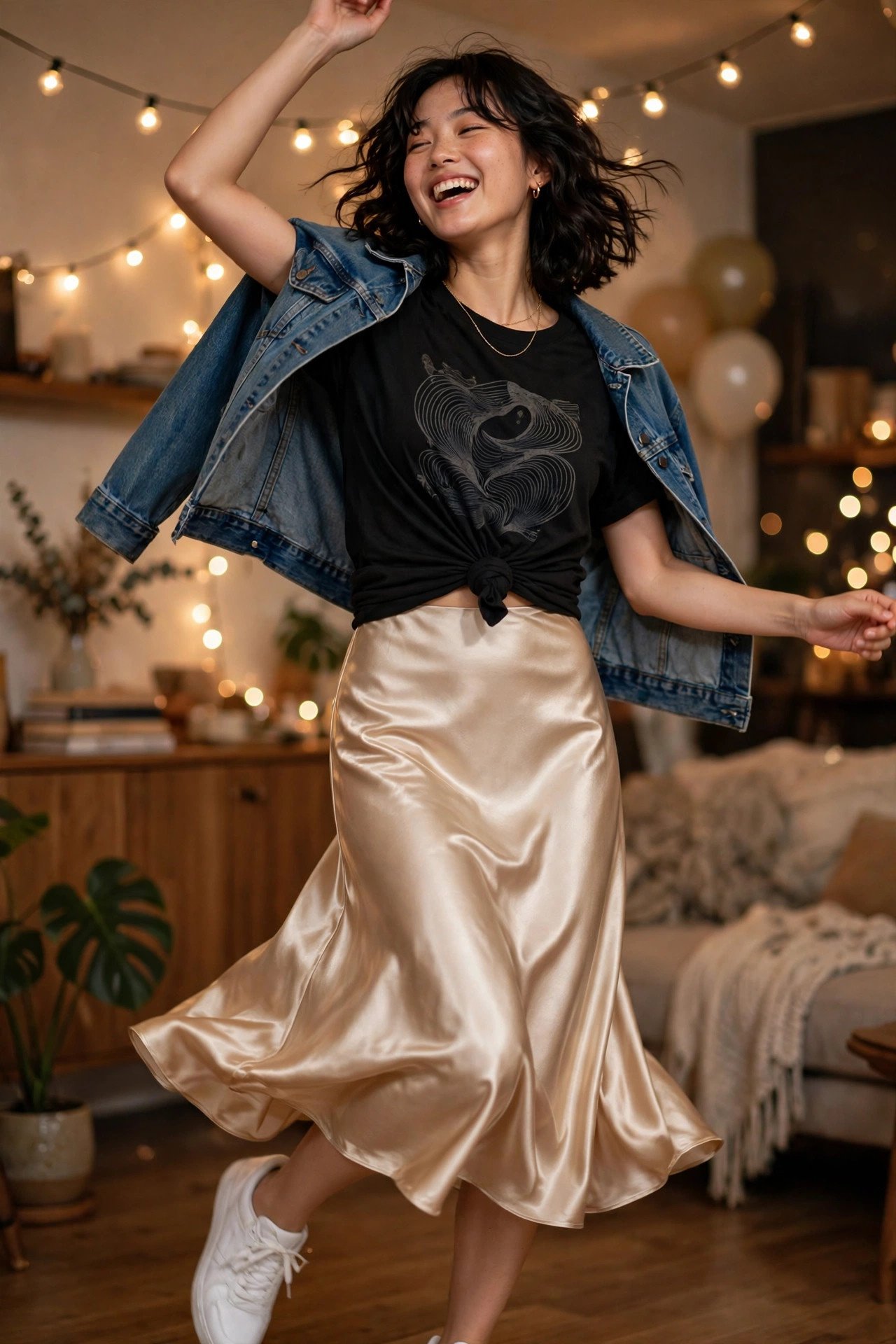 Woman in a champagne satin midi skirt with a knotted graphic tee