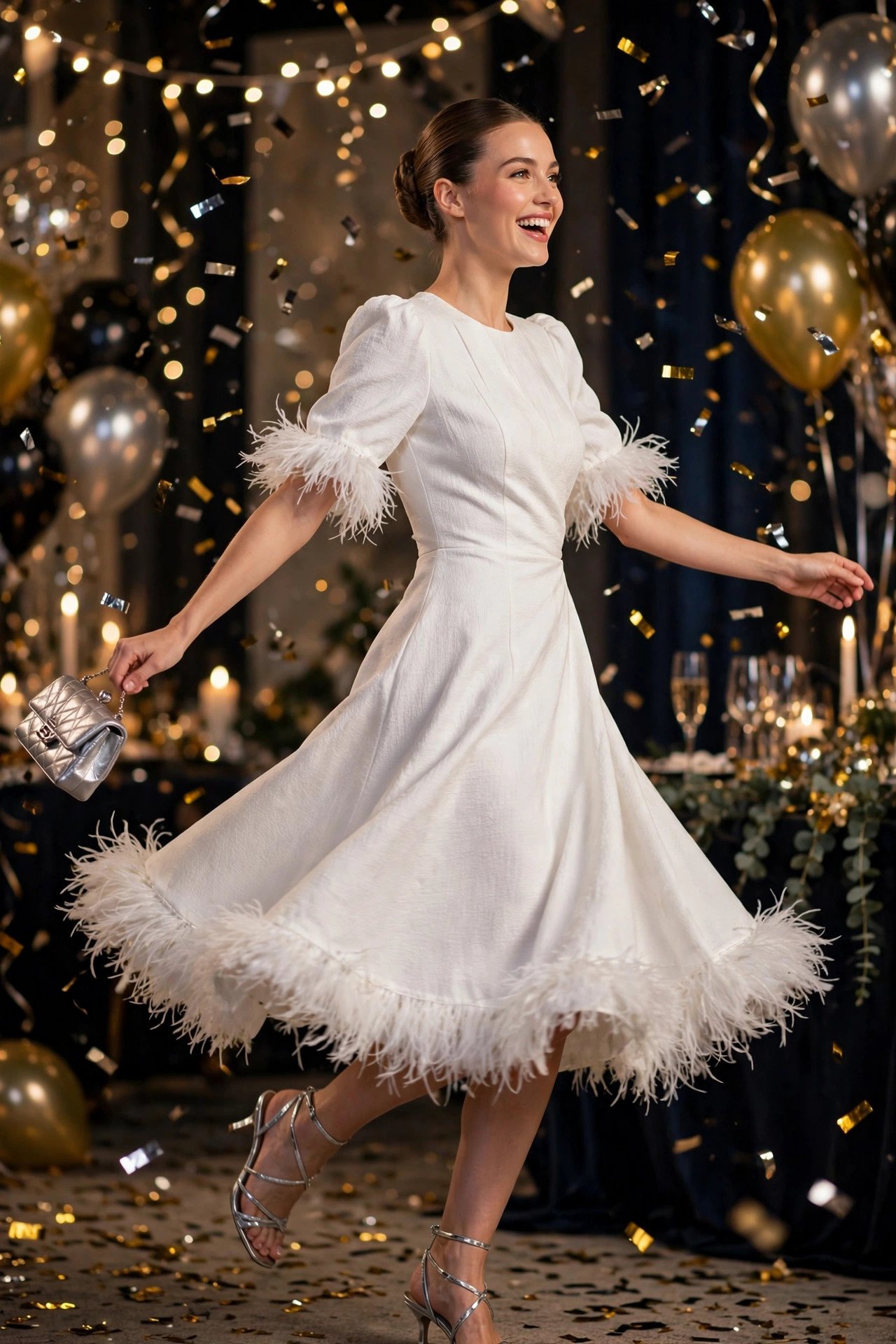 Woman in a white midi dress with feather trim and silver sandals