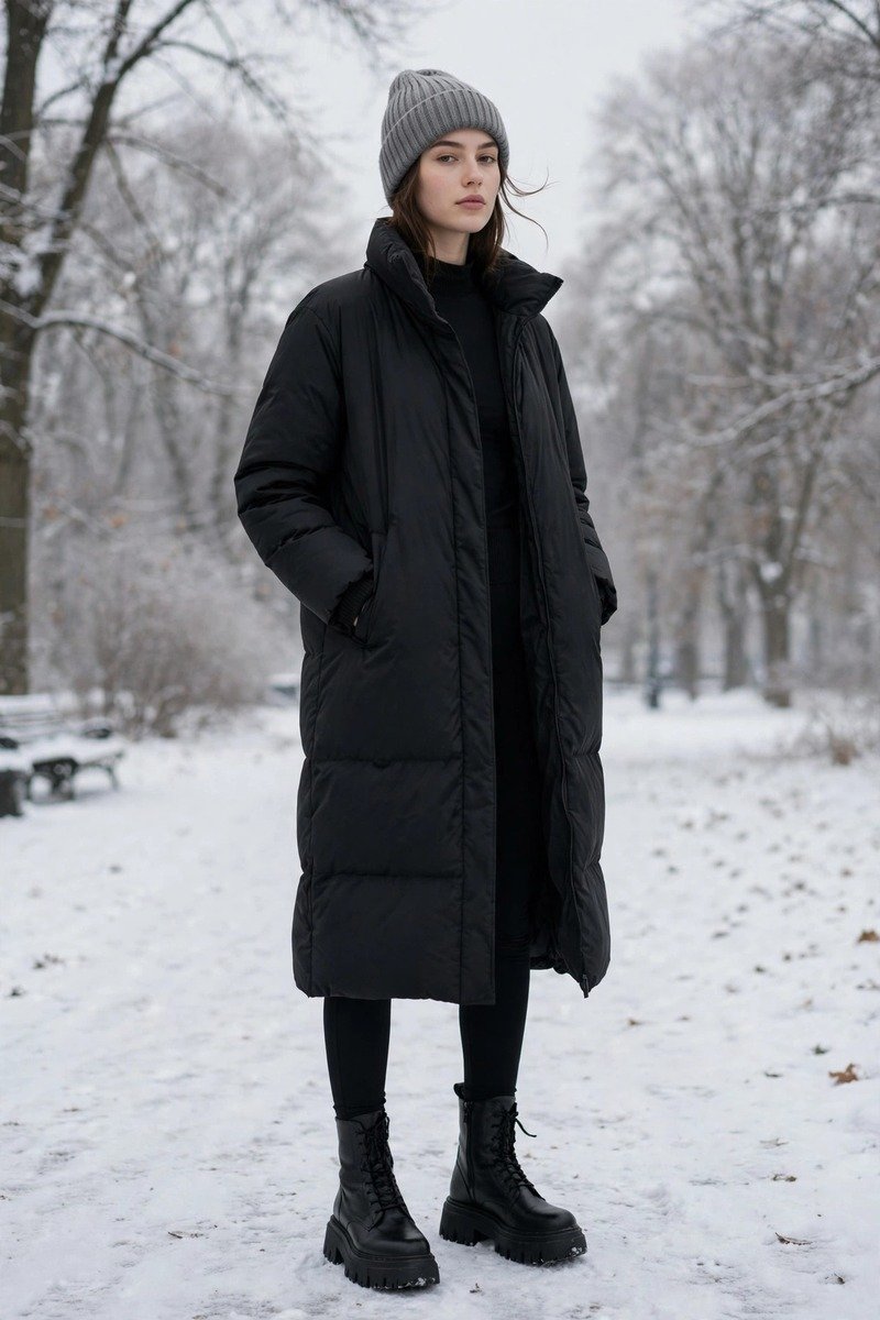 Woman in a black fitted long-sleeve base with a longline black puffer coat, black leggings, chunky boots and a grey beanie