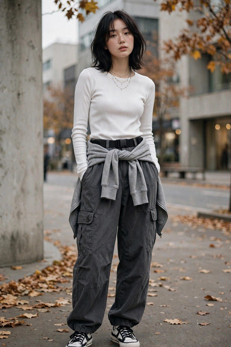 Woman in white ribbed long-sleeve top with charcoal cargo pants and hoodie tied at waist