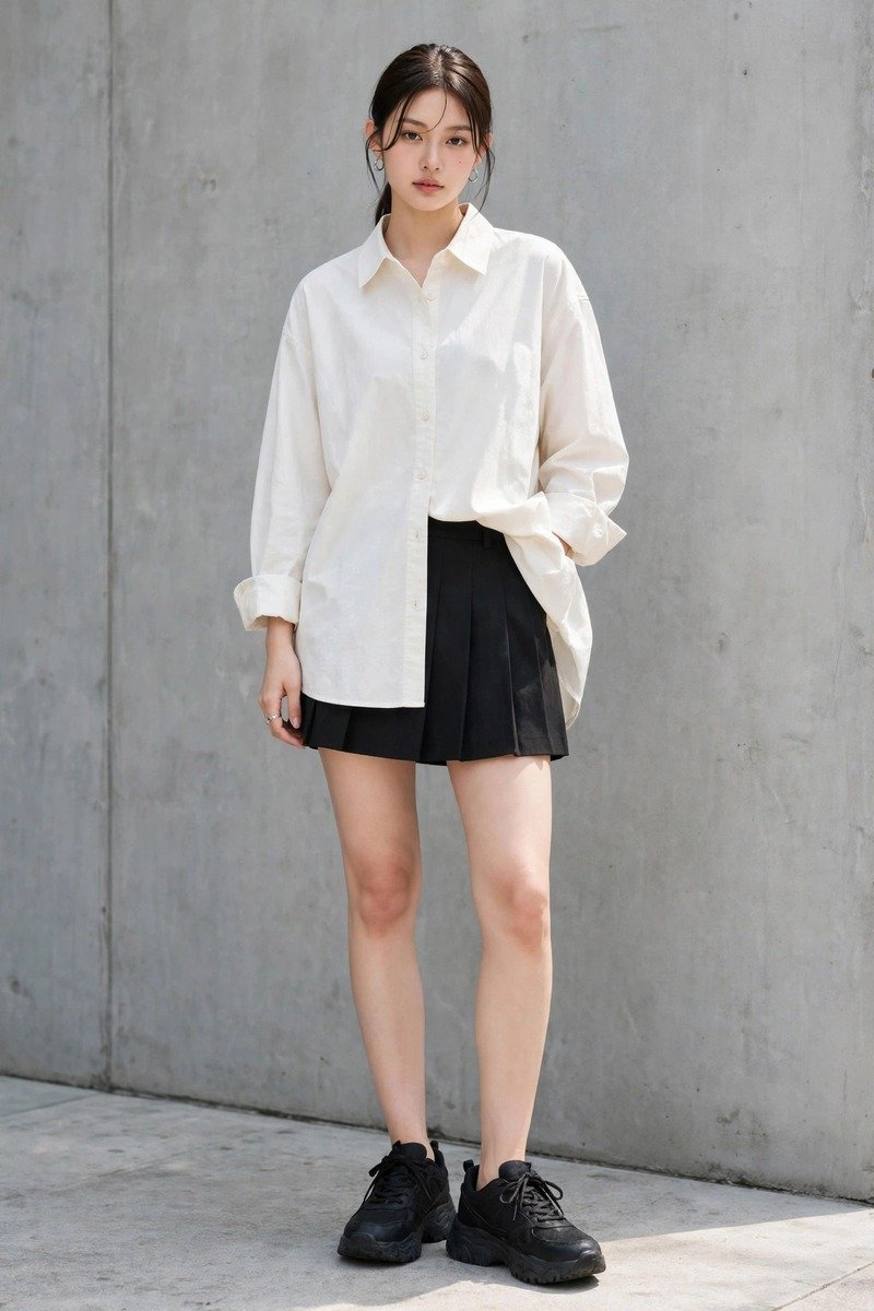 Oversized off-white button-up shirt half-tucked into a black mini skirt
