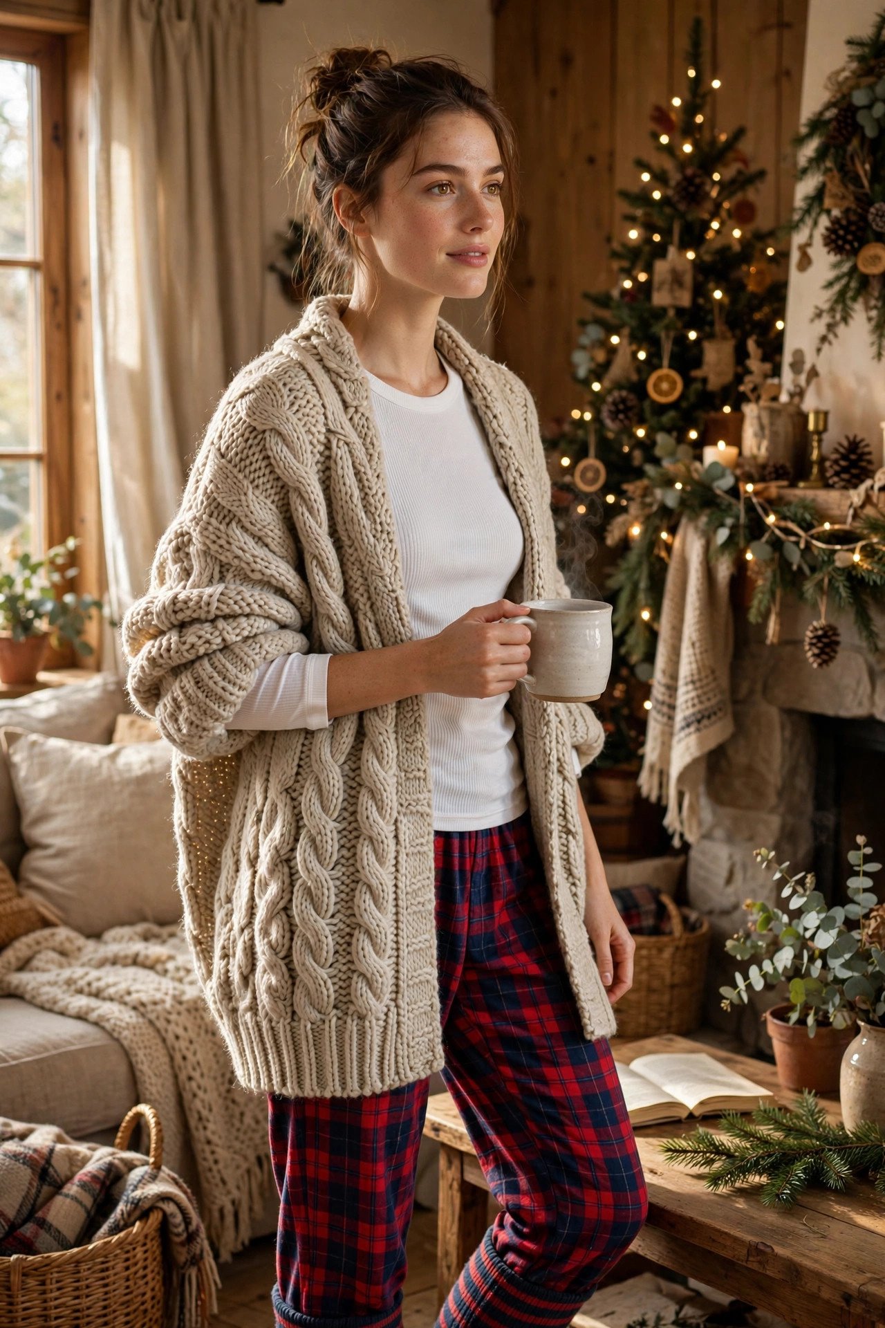 Woman in a white thermal top, plaid pajama pants and chunky cardigan