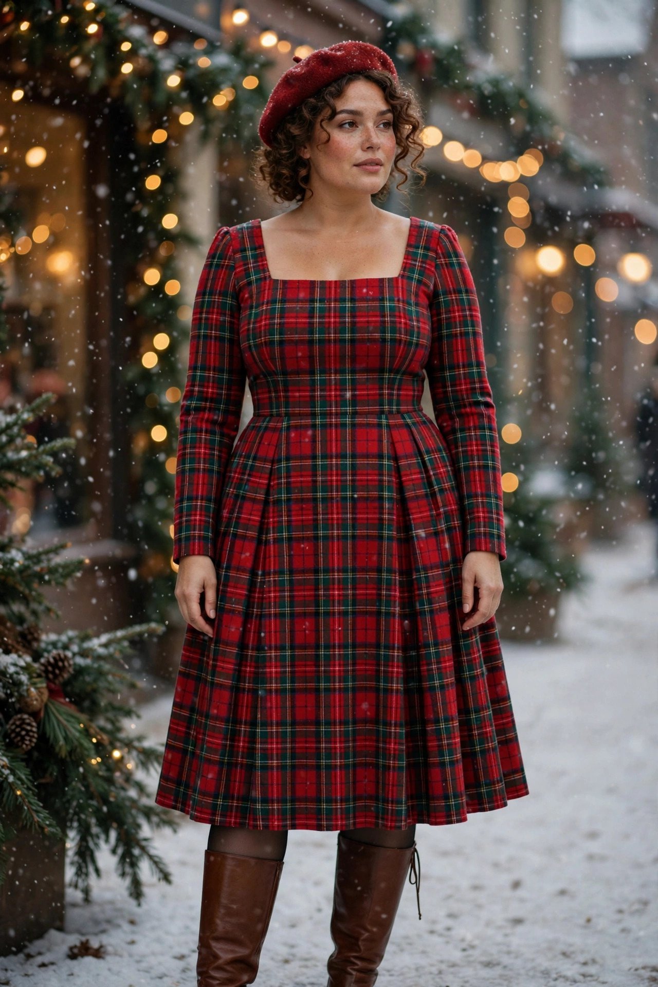 Plus-size woman in a red and green tartan plaid midi dress with knee-high boots
