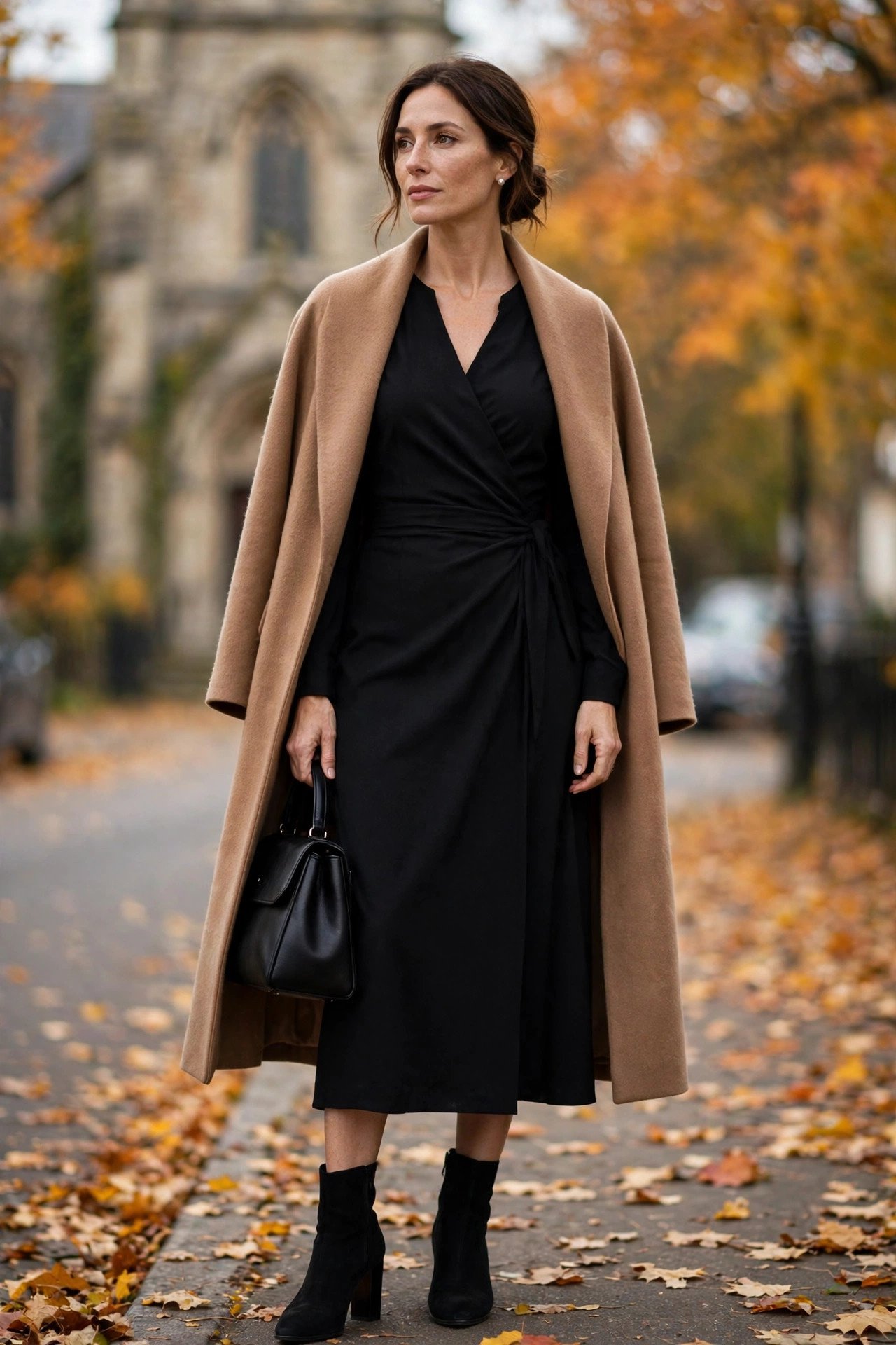 Woman wearing a black wrap dress with a camel wool coat and heeled ankle boots