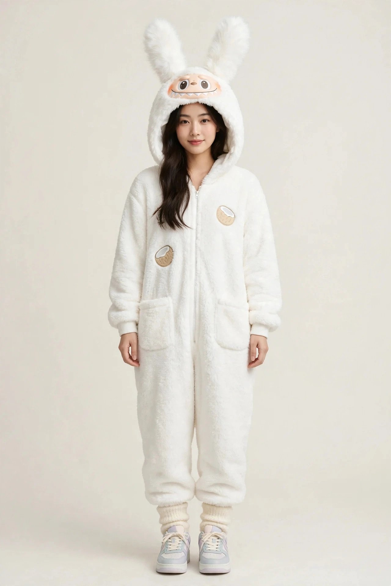 Woman in an all-white sea salt coconut Labubu costume with fluffy ears and pastel sneakers