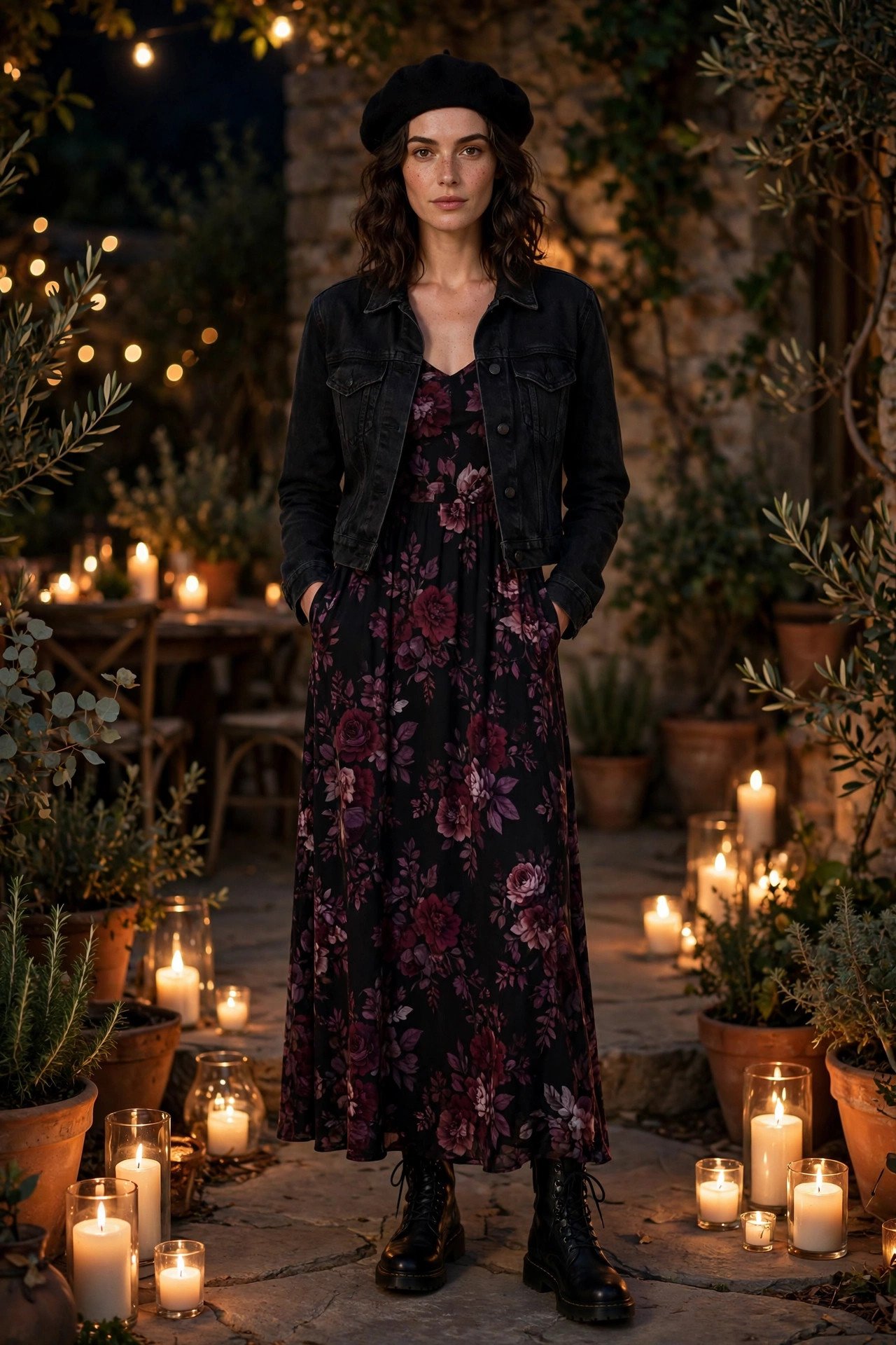 Woman in a black maxi dress with moody burgundy florals, combat boots and a black beret