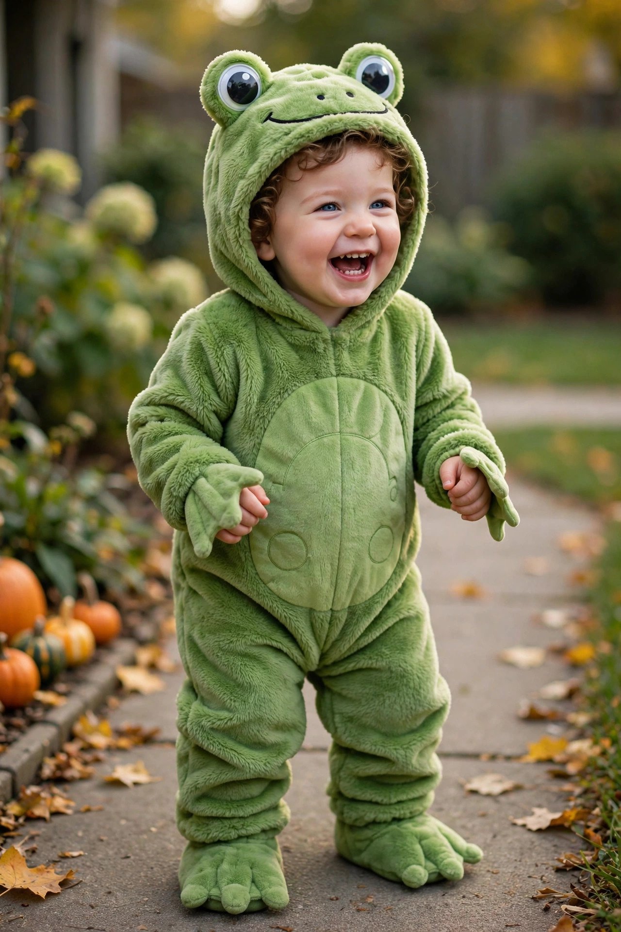 Giggling toddler in a friendly soft green frog Halloween costume with googly-eye hood
