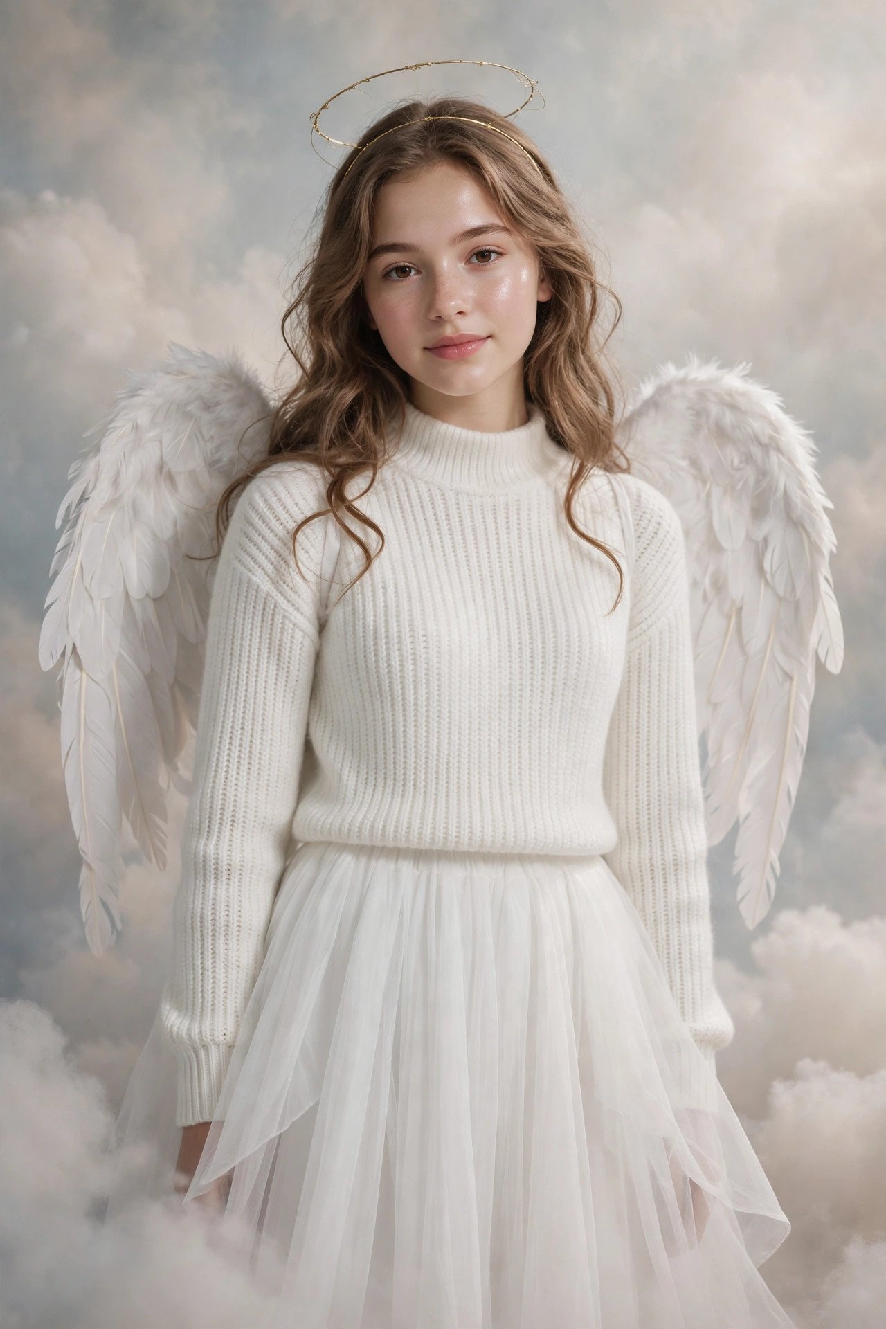 Angel Halloween costume for teen girls with all white outfit and wings