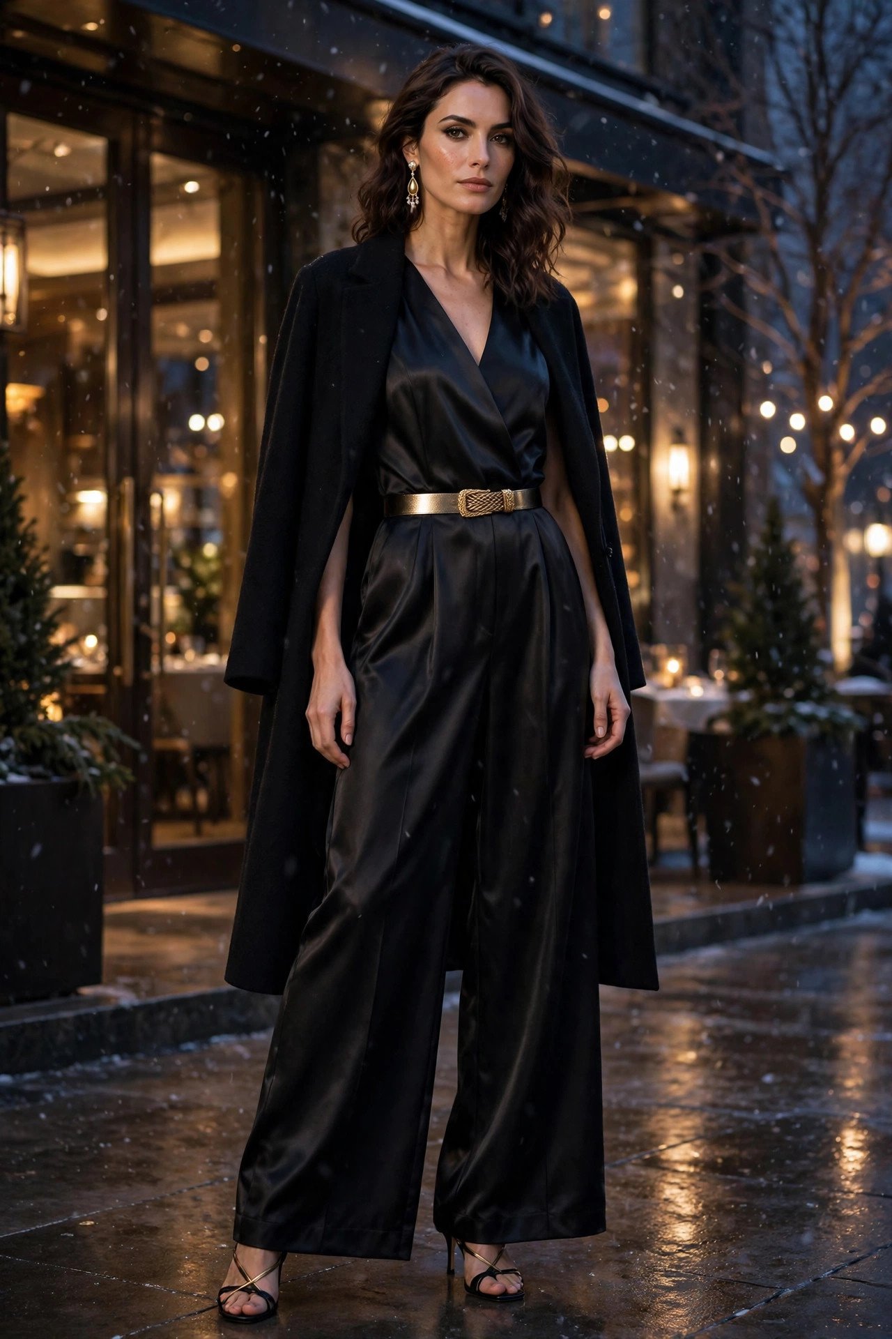 Wide-leg black satin jumpsuit with gold belt, strappy heels, and wool coat over shoulders