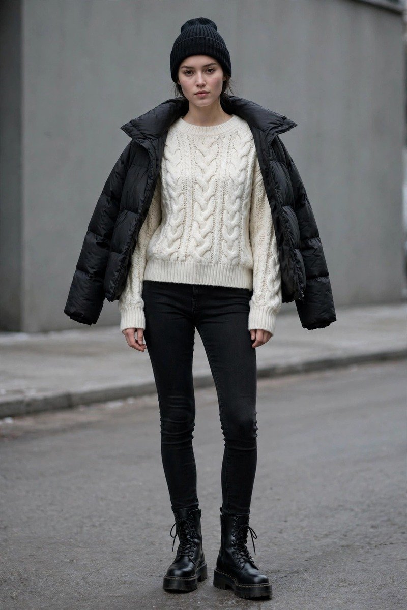 Woman in an off-white cable-knit sweater with a black puffer jacket, black skinny jeans and lace-up combat boots