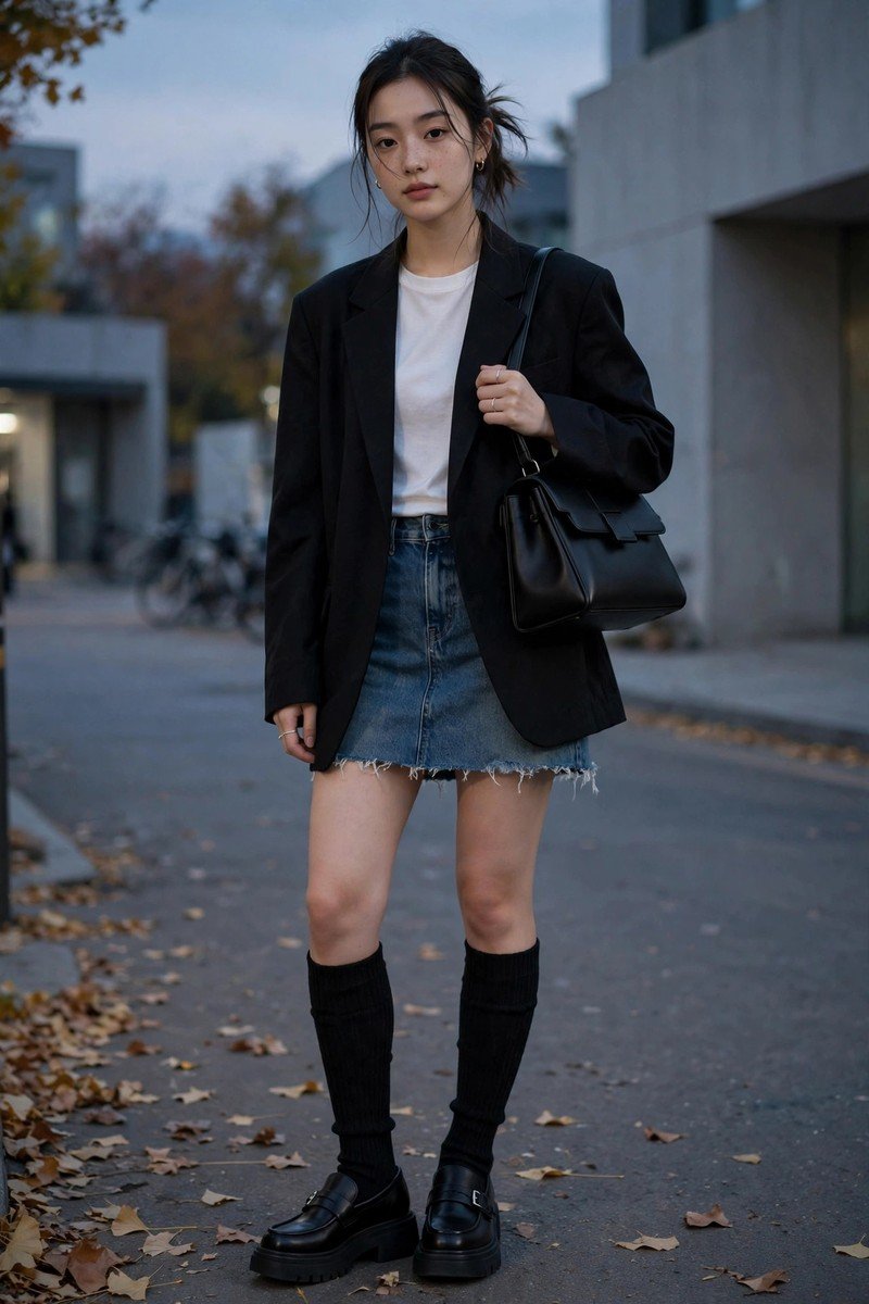 Woman in black oversized blazer with denim mini skirt, knee socks and loafers