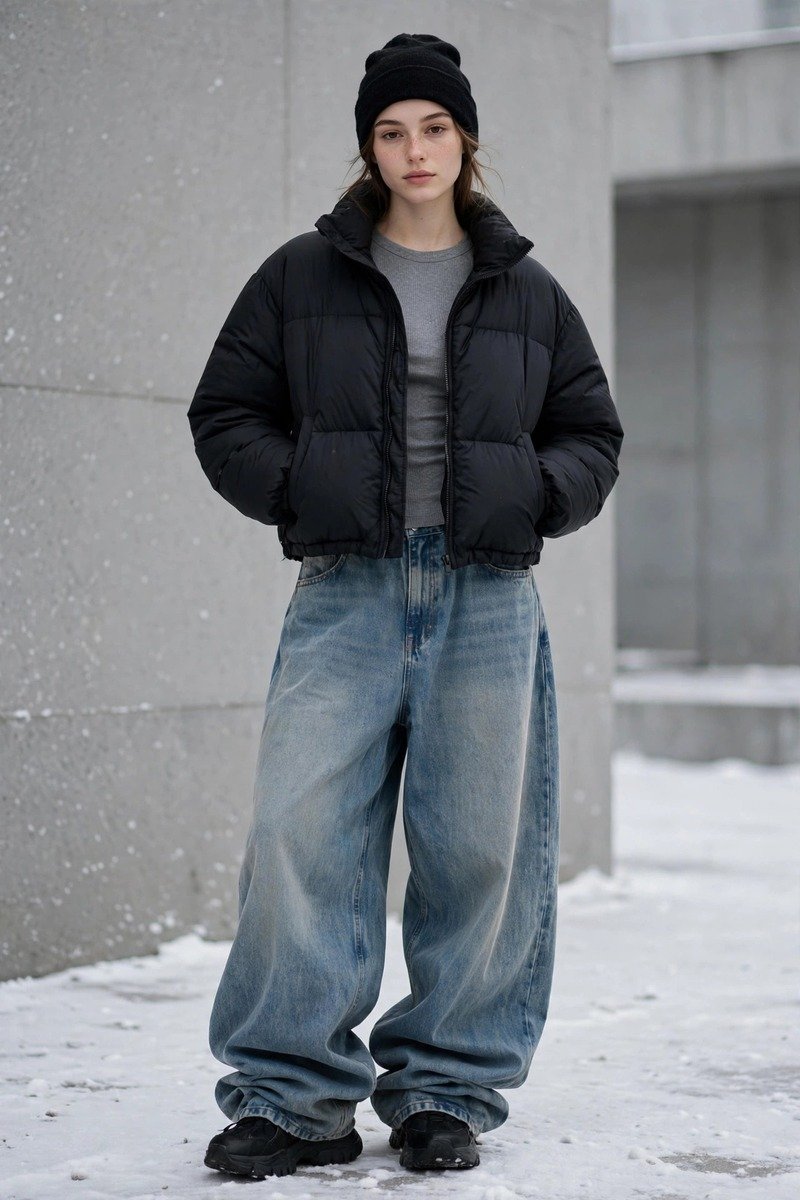 Cropped black puffer jacket with baggy faded jeans, winter acubi streetwear outfit