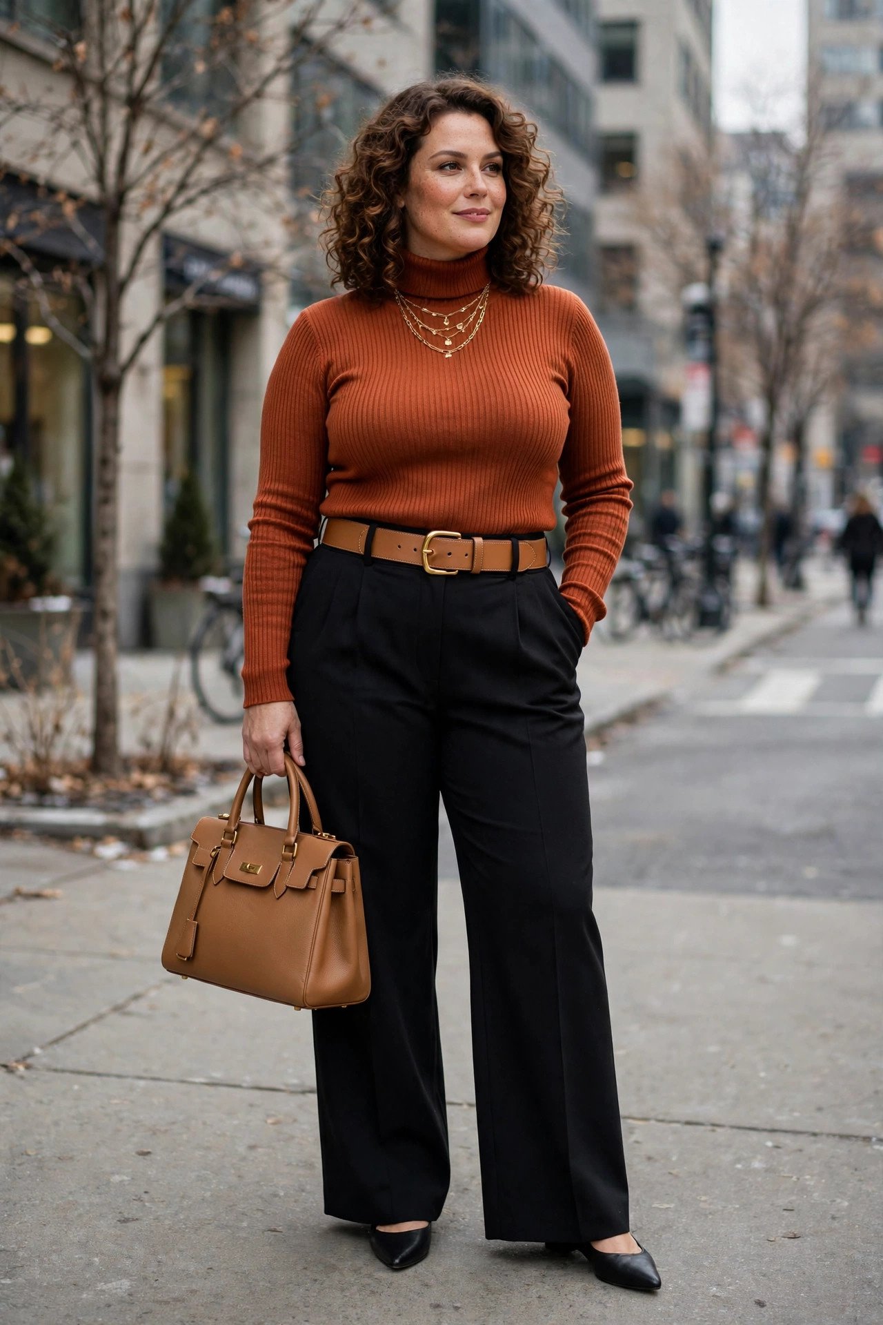 Plus-size woman in rust ribbed turtleneck with wide-leg black trousers and tan belt