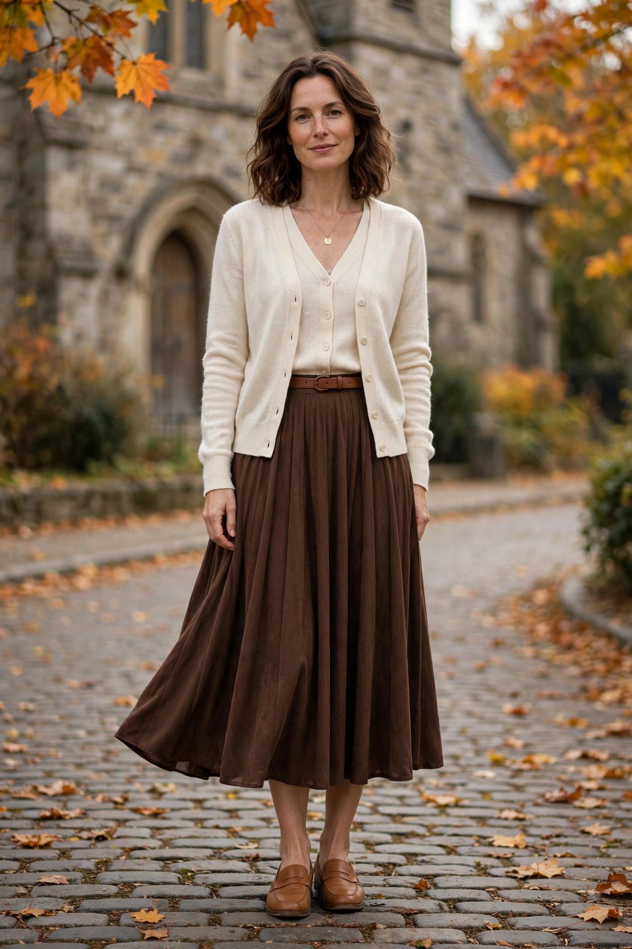 Woman in a chocolate brown midi skirt with a cream cardigan and tan loafers