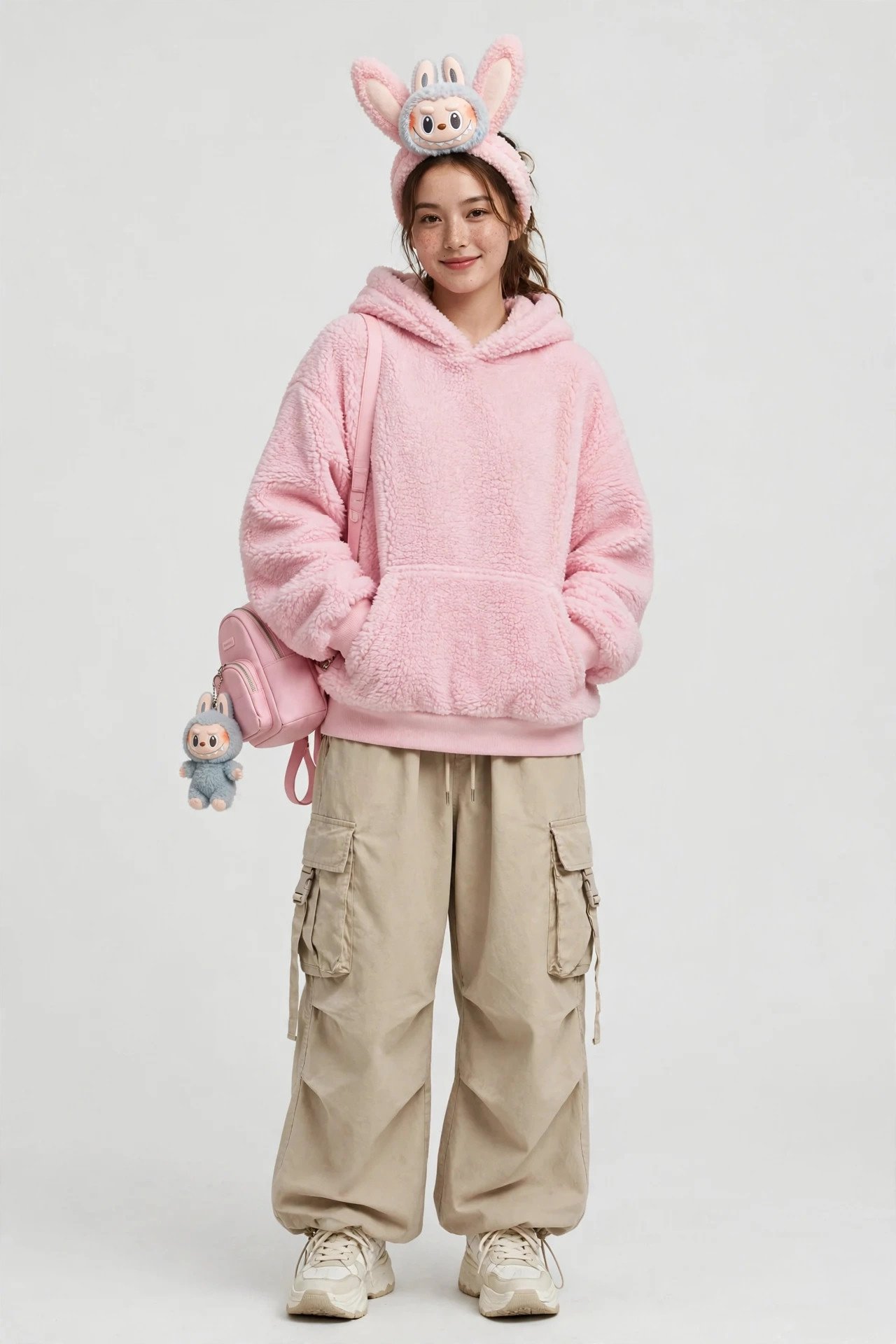 Woman in a Labubu streetwear costume with an oversized hoodie, cargo pants and a plush bunny-ear headband