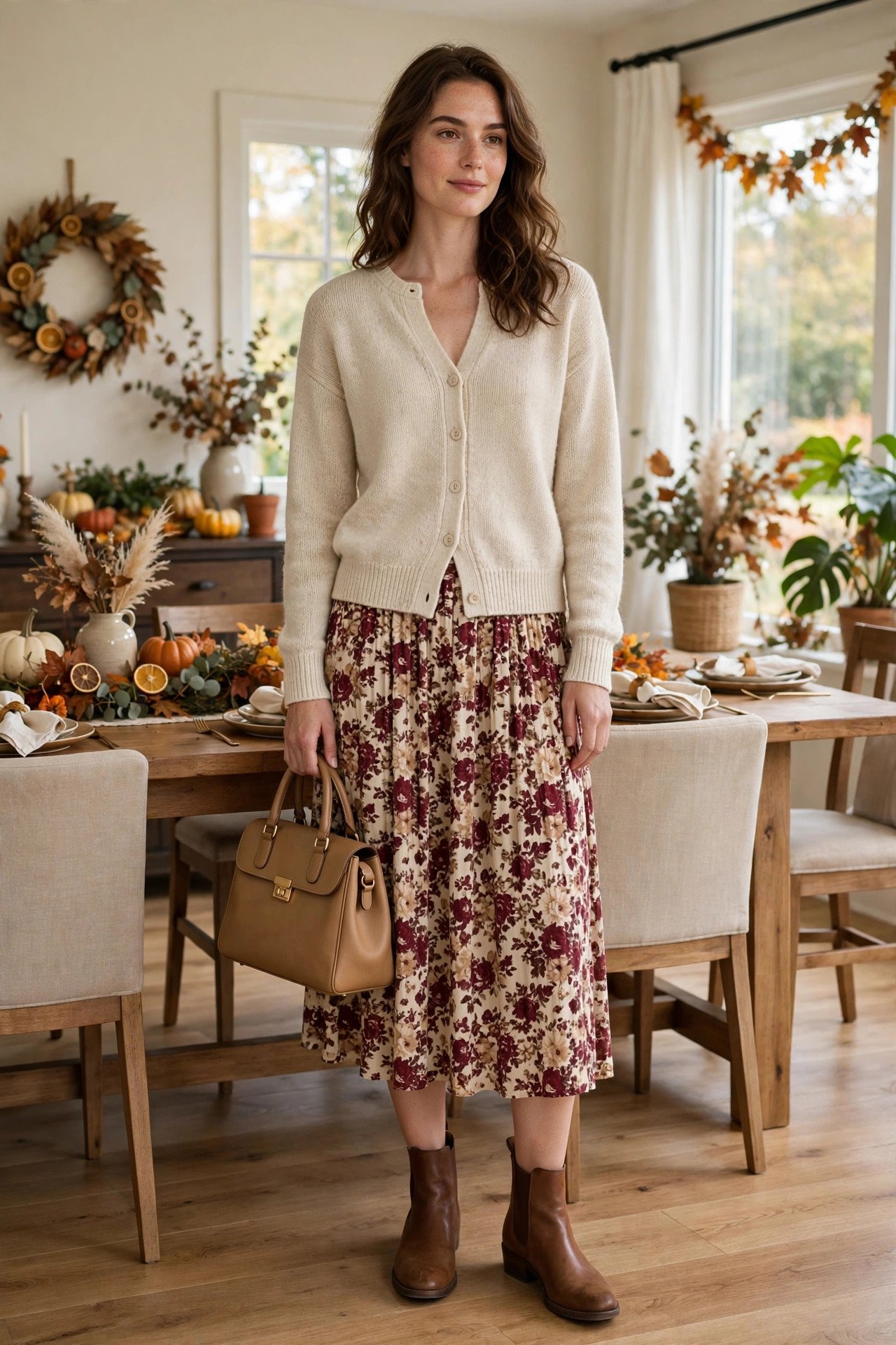 Woman in an oatmeal button-front cardigan with a burgundy floral midi skirt