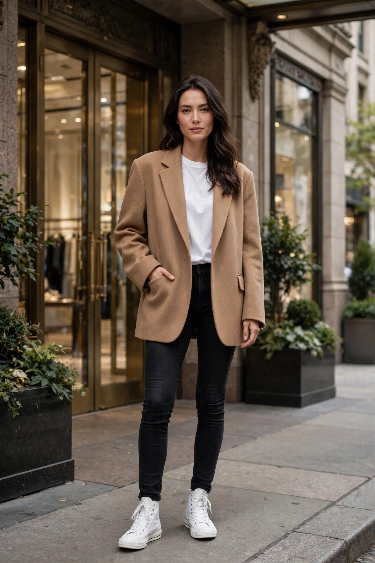 Woman in high-top sneakers, black skinny jeans, white tee and oversized camel blazer