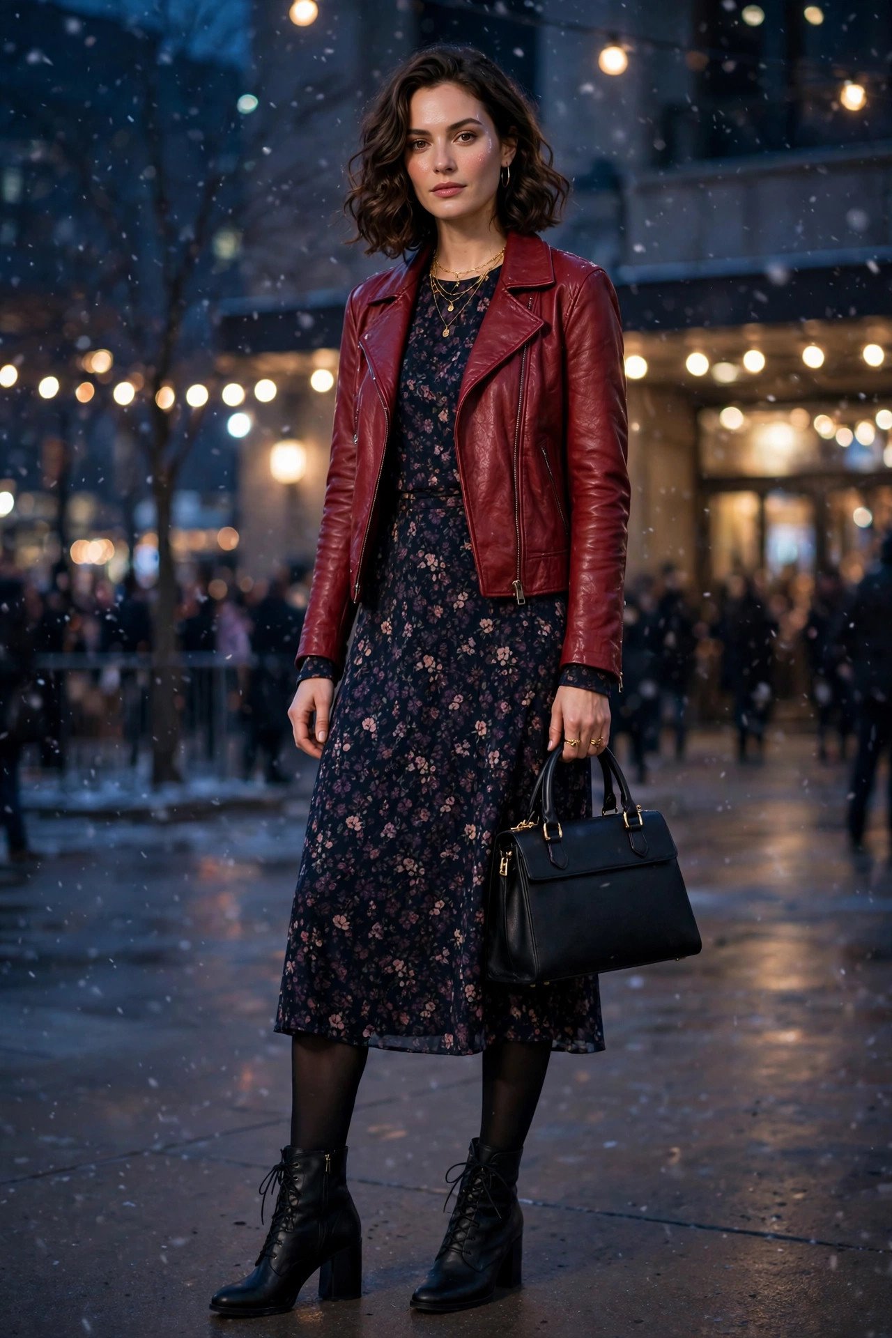Woman in red leather jacket over a dark floral midi dress with ankle boots