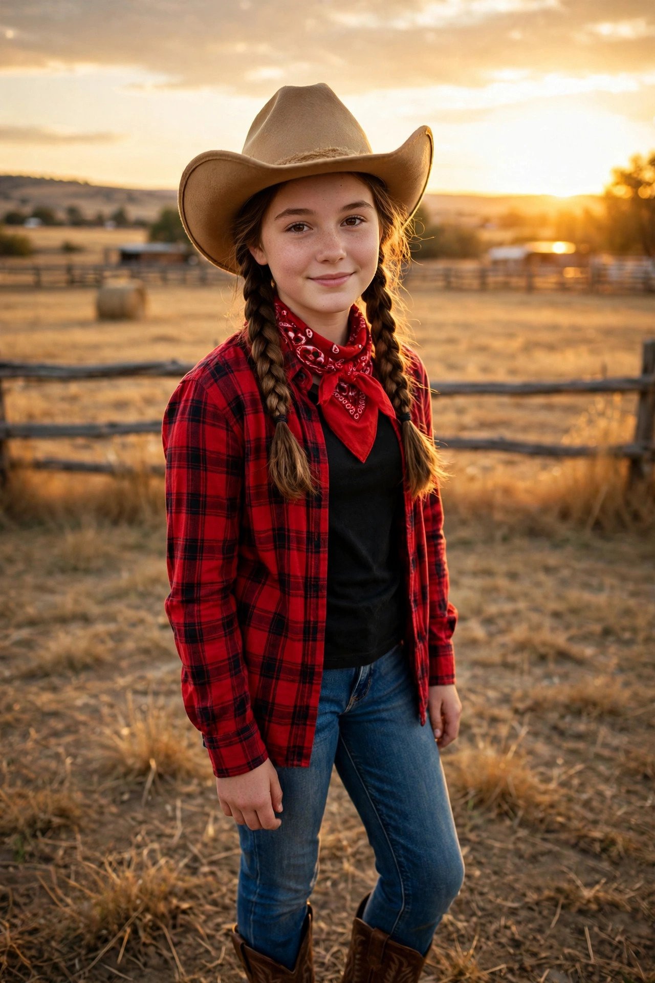 Cowgirl Halloween costume for teen girls with denim, plaid shirt and cowboy hat